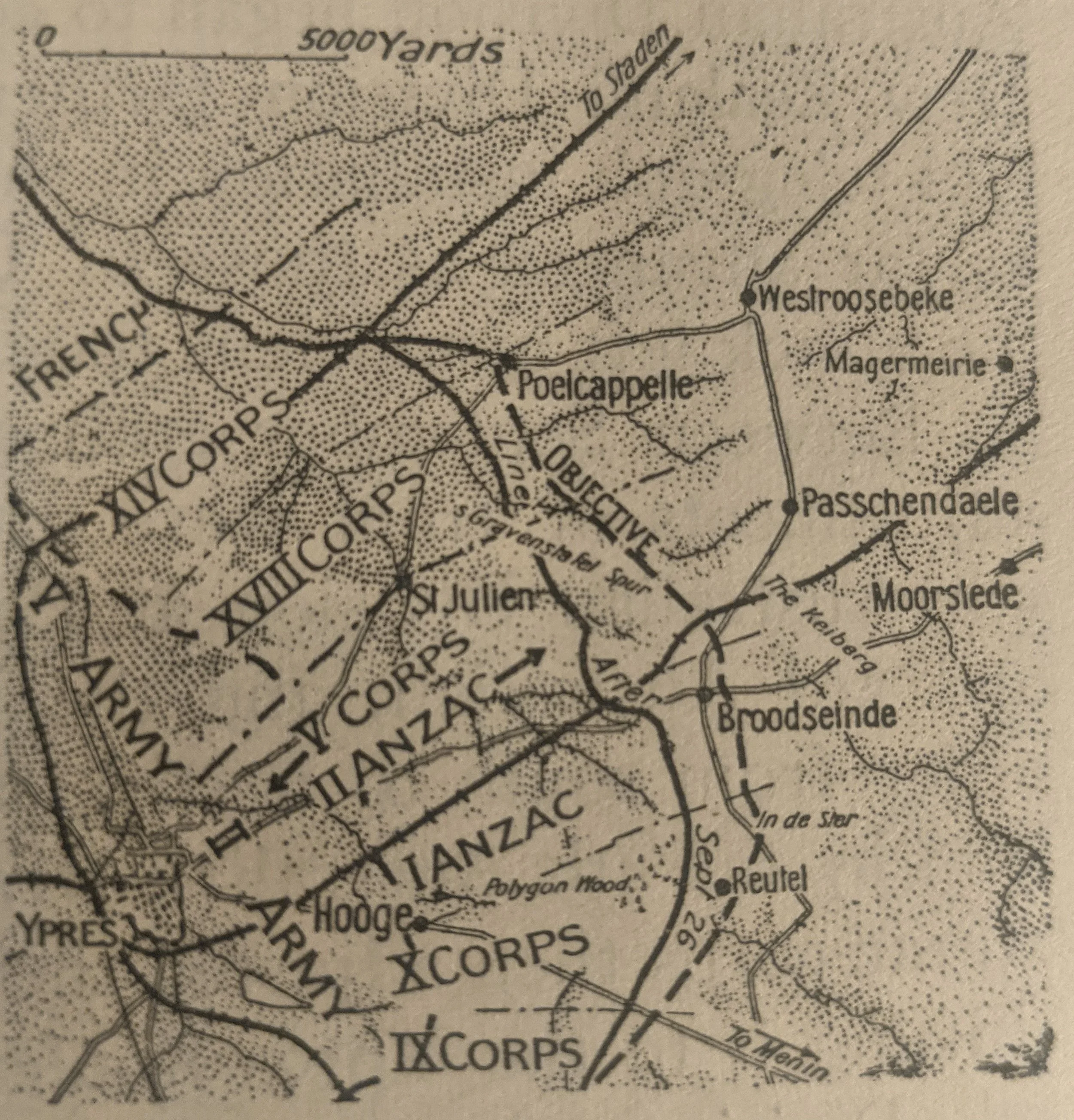 The overall battle plan showing Australian, New Zealand, British and French units.