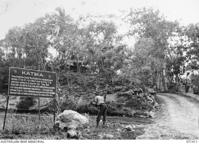  A sign marking the rally point of the Japanese forces at Katika. It was here that the first intense fighting of the campaign was experienced.  