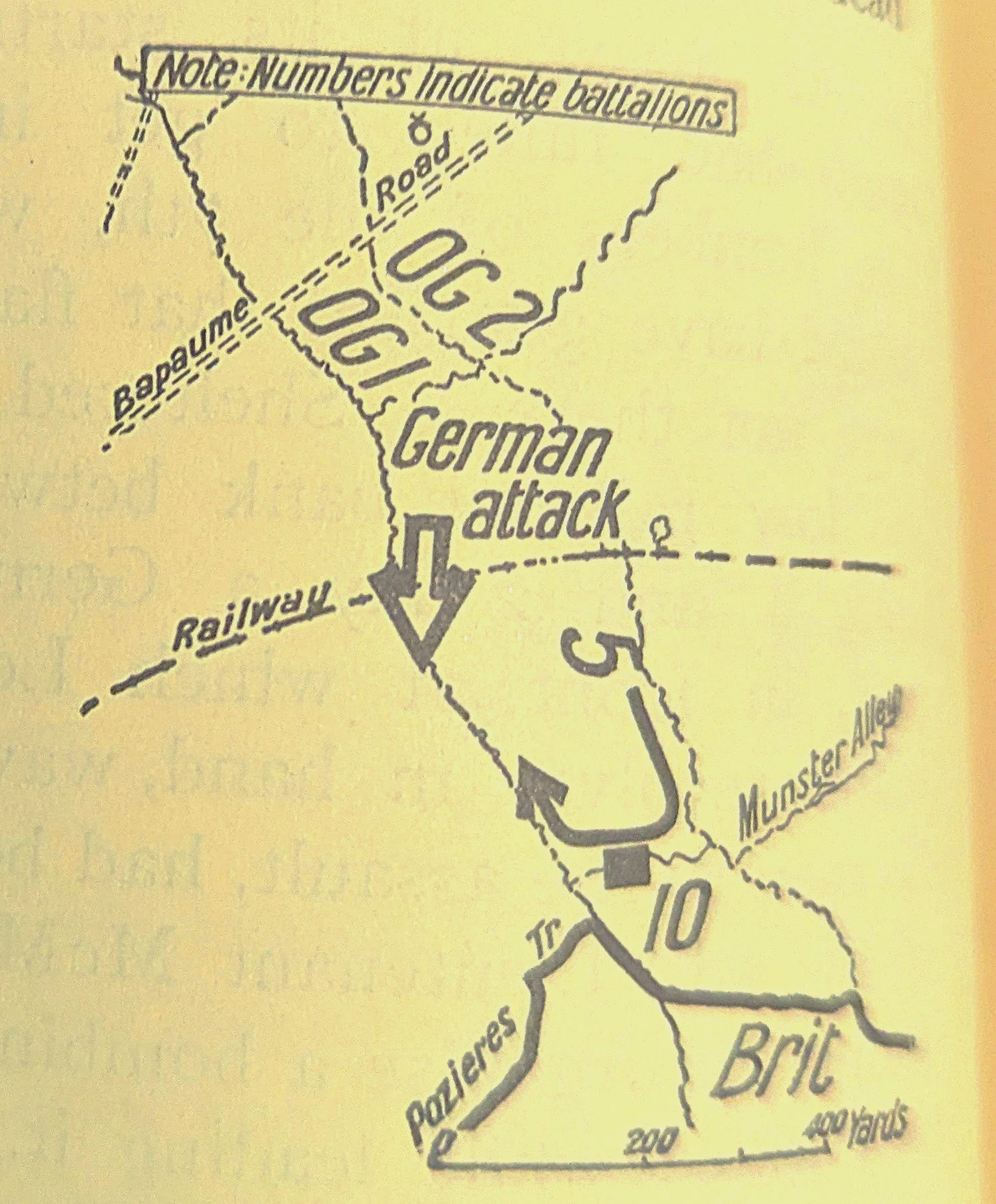  German counter-attack down OG1. Captain Lillie of the 5th Battalion moved along the 10th Battalion trench to meet the attack.   Courtesy Official History.  