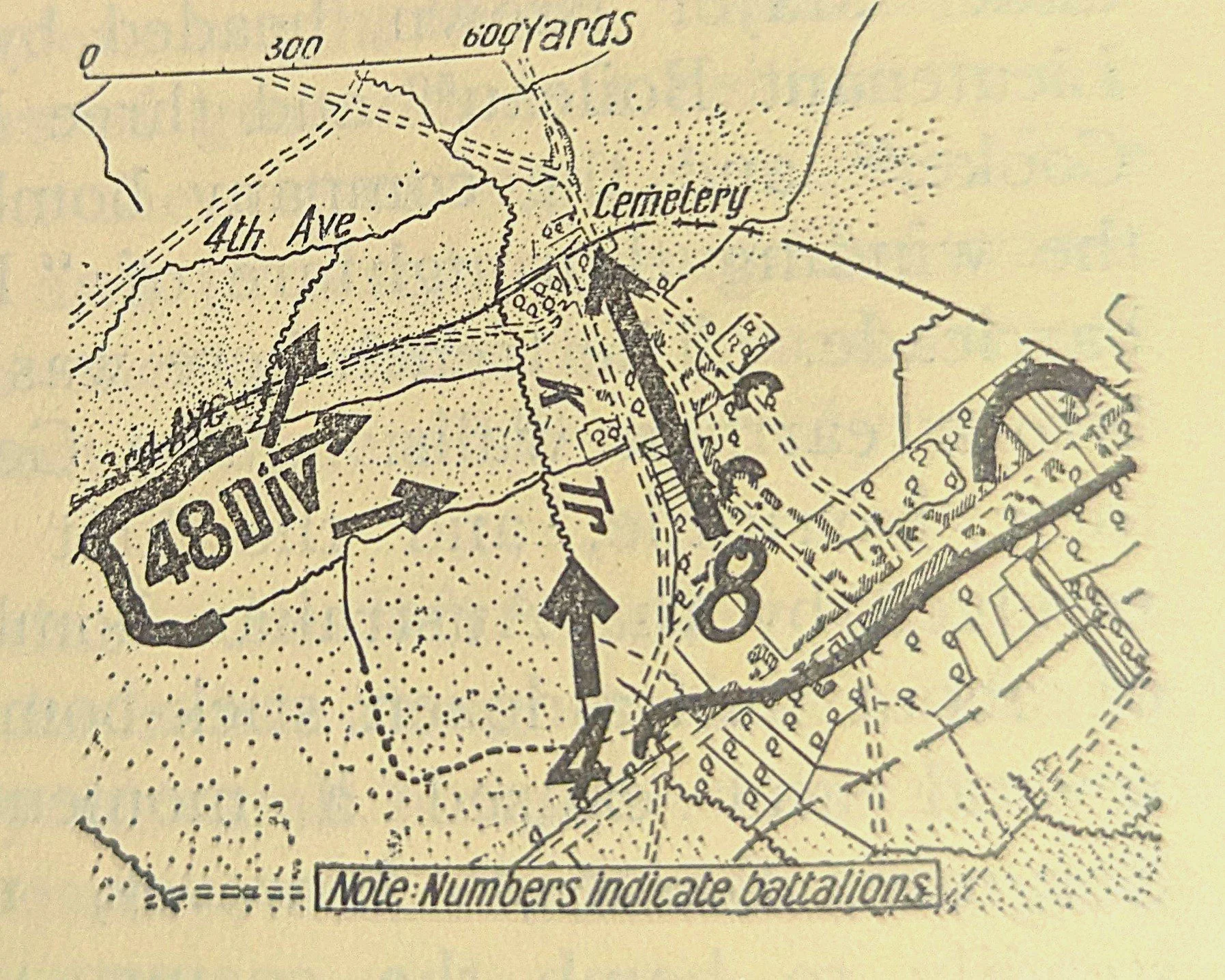  8th Battalion pushes north while the 4th Battalion advances up K Trench. British 48th Division attacking from the west.   Courtesy Official History.  