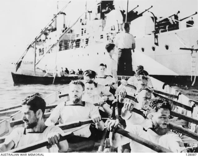 HMAS Perth (I) and crew in Alexandria Harbour.  