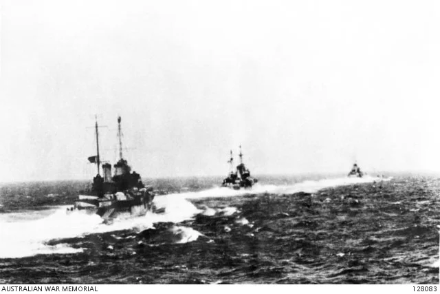  HMAS Perth (I) (left) during the Battle of Mattapan.  
