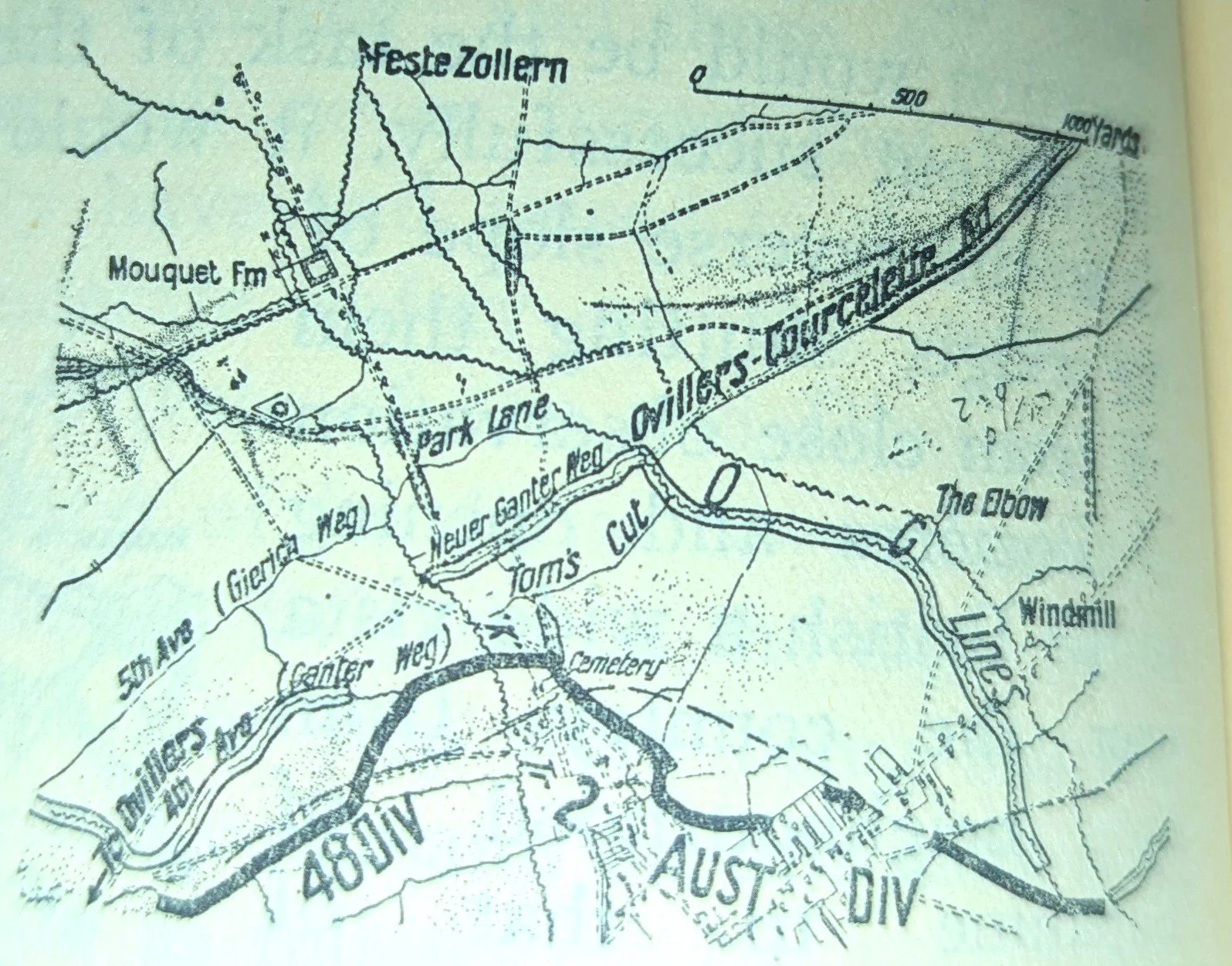  The Pozieres frontline showing location of The Windmill and The Elbow.   Official History.  