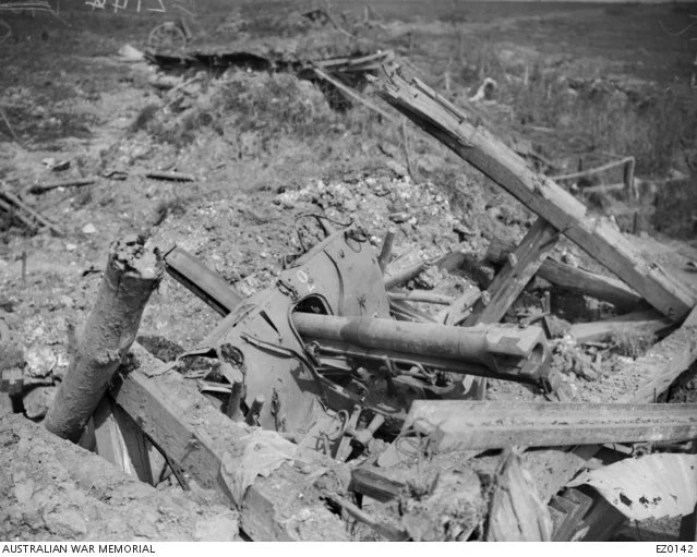  A German artillery piece destroyed by Australian counter-battery fire.   Courtesy: awm.gov.au 