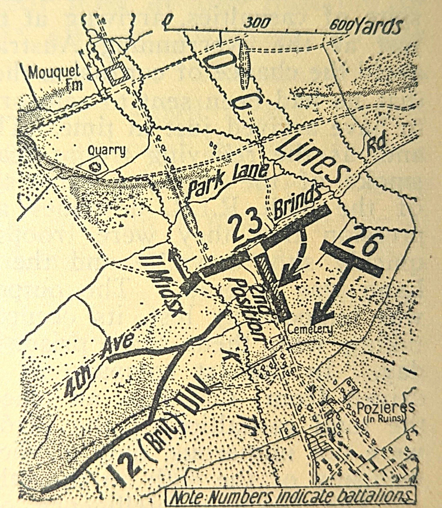  After advancing too far to Park Lane, the 23rd established their line on Courcelette Road. When the 26th pulled withdrew, the 23rd pulled their right flank back to link the new position to the old.  
