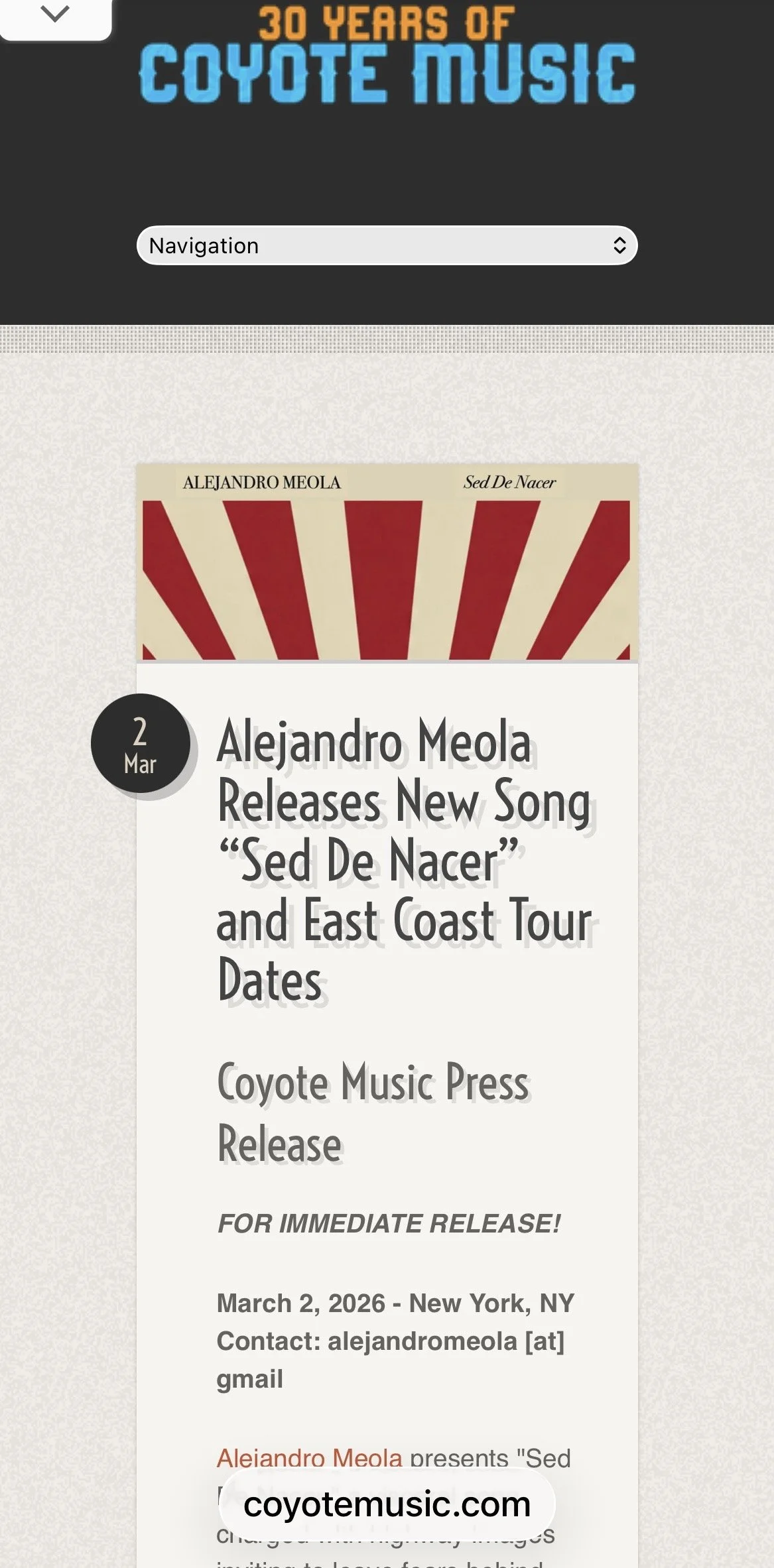 Alejandro Meola @Coyote Music March 2026 (USA)