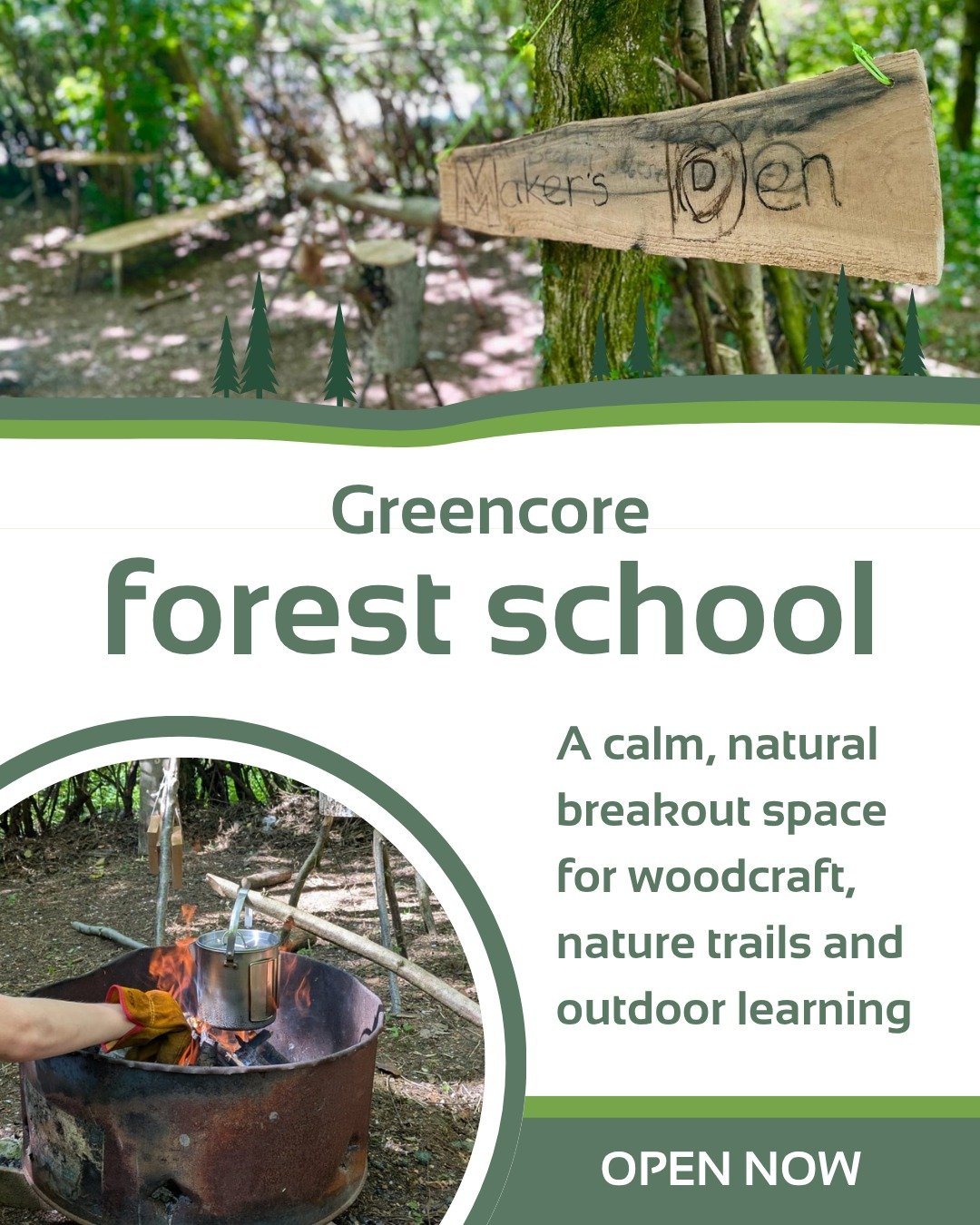 🌳 Greencore Forest School is open

Our new woodland space is now part of Dorset Wellbeing's alternative provision. It offers children and young people a chance to explore, learn and reflect in nature.

With a makers&rsquo; den for woodcraft, natural