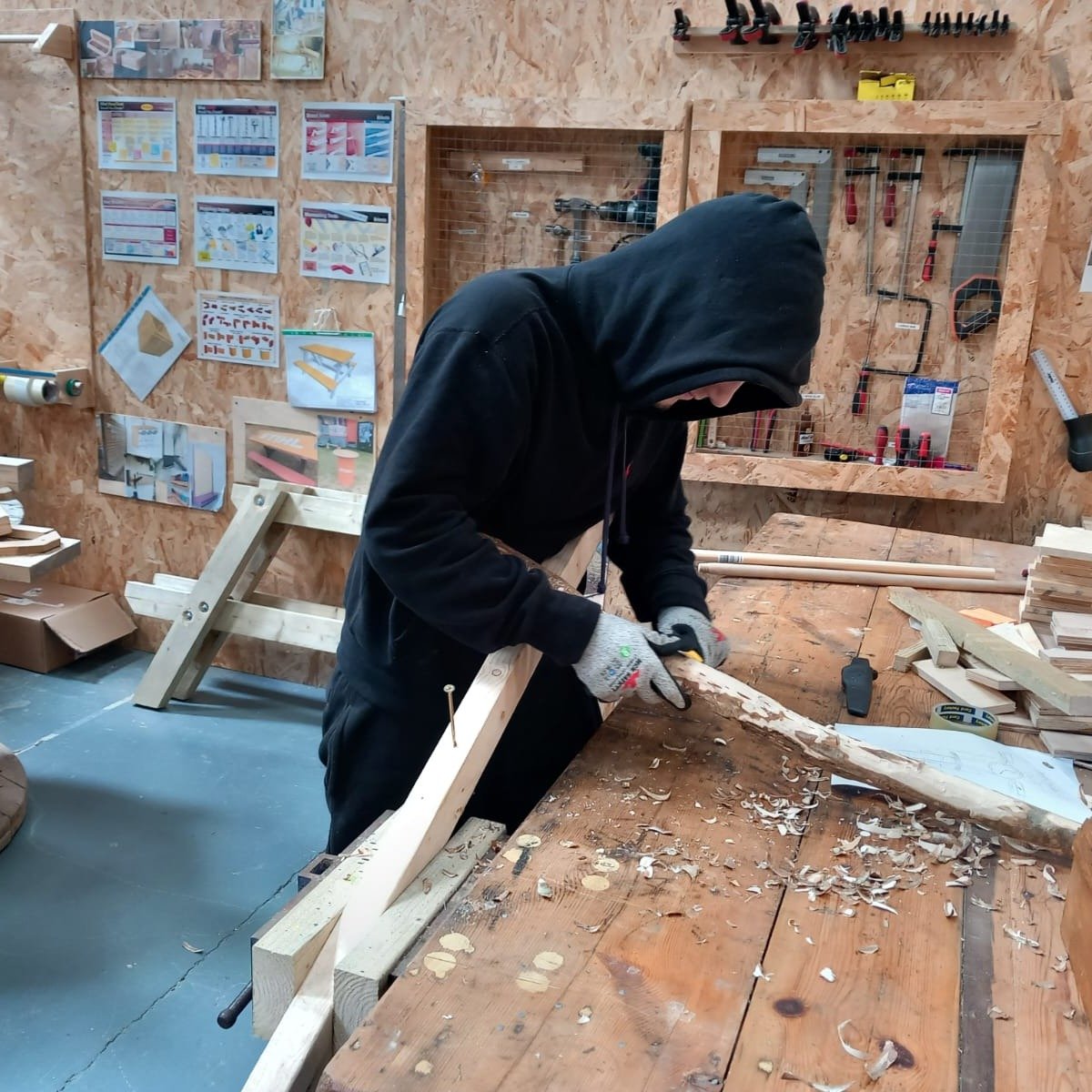 Getting back to basics in the Bourne Park woodworking bay. These young people are using traditional hand tools and techniques to shape roundwood timber into walking poles, developing practical skills, patience and craftsmanship along the way.

#Tradi