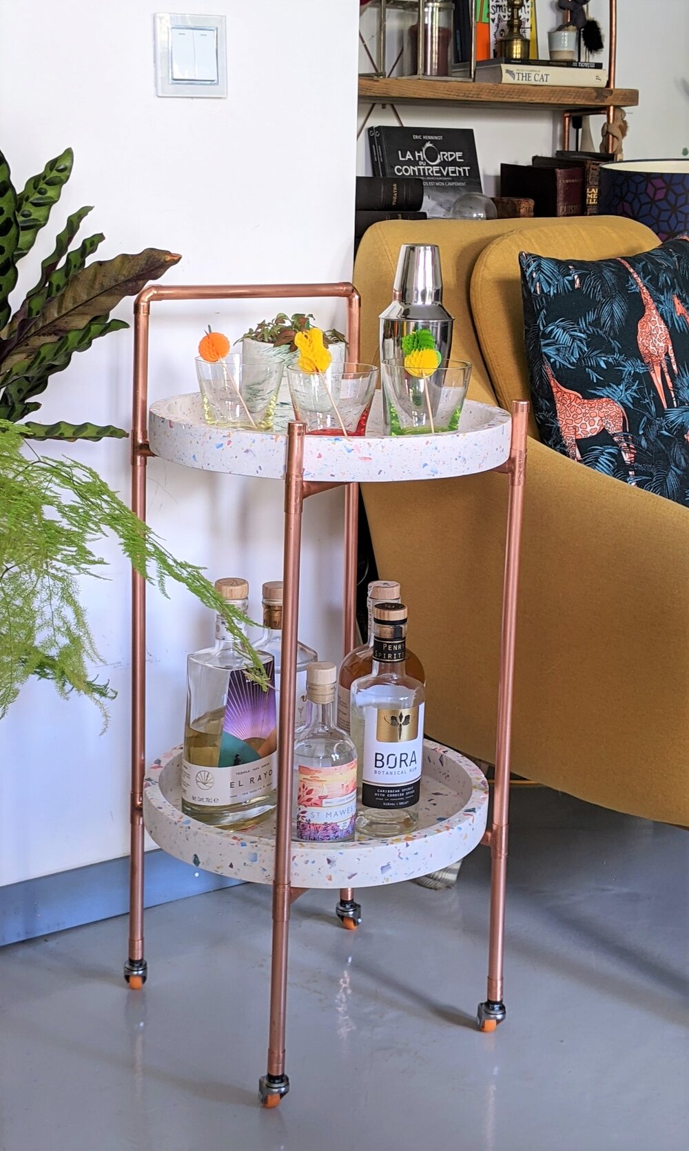 Terrazzo and copper drinks trolley