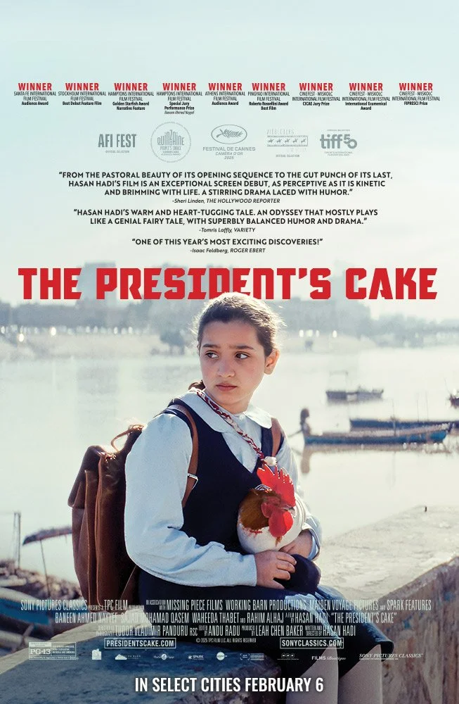 A girl, a boy and a rooster and a cake for Saddam