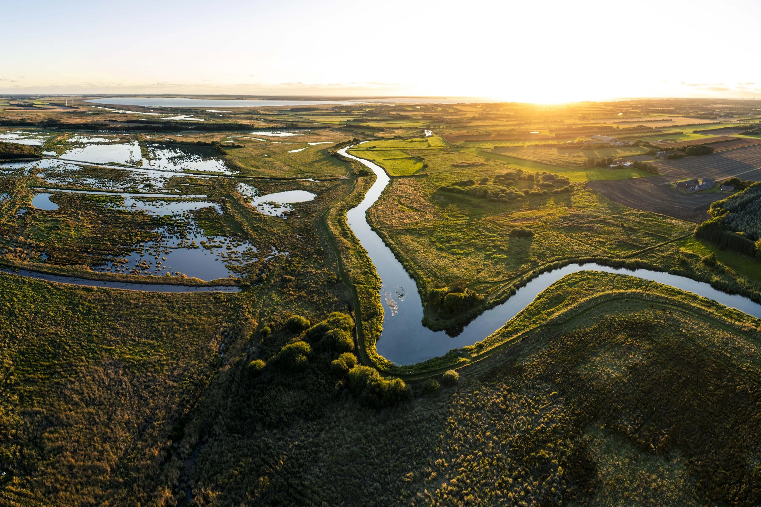 Aerial view af en flod løbende gennem grønne marker ved solnedgang.