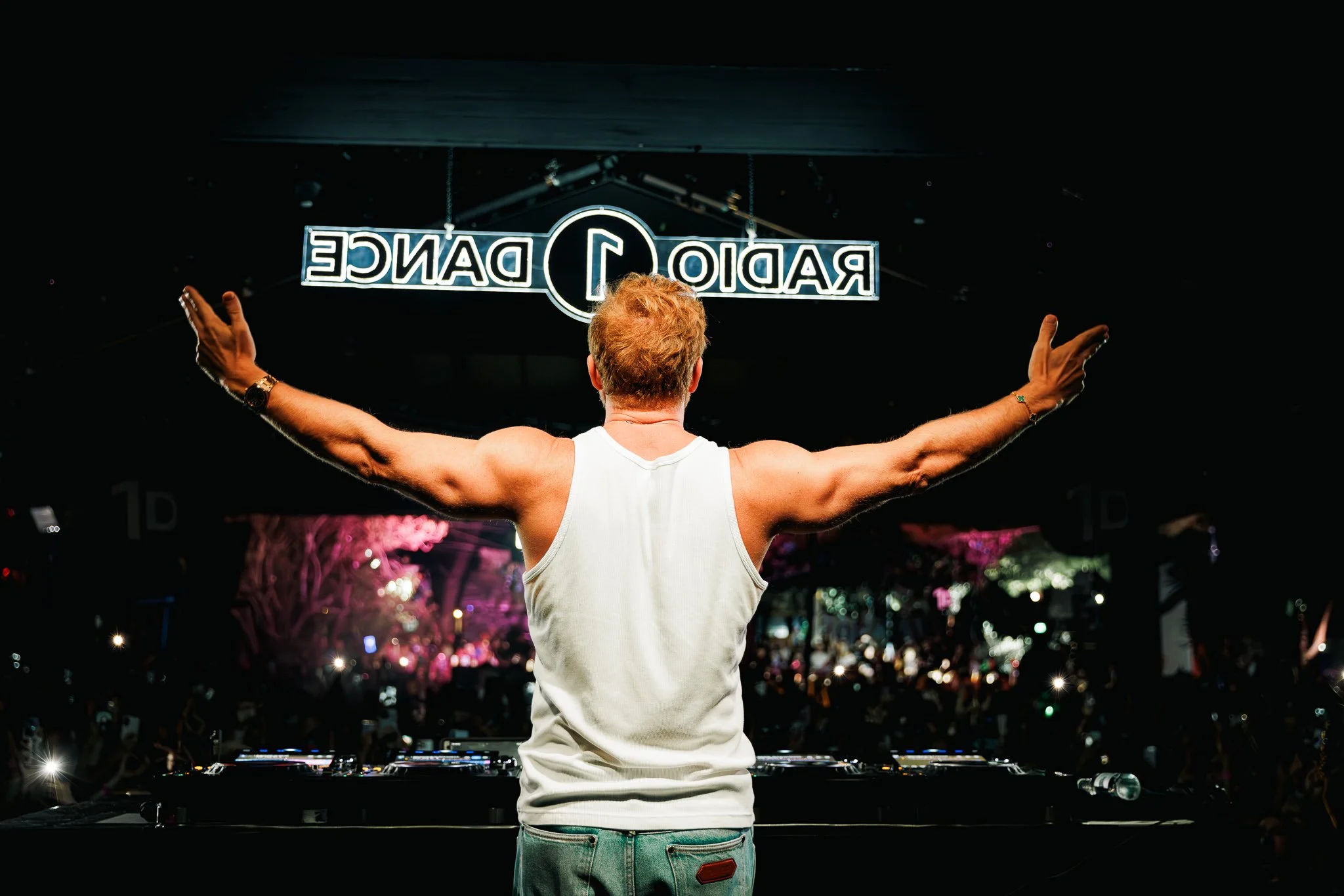 A DJ with outstretched arms facing a crowd at an outdoor concert, with a neon sign behind reading 'Radio Dance' and trees with pink lights in the background.
