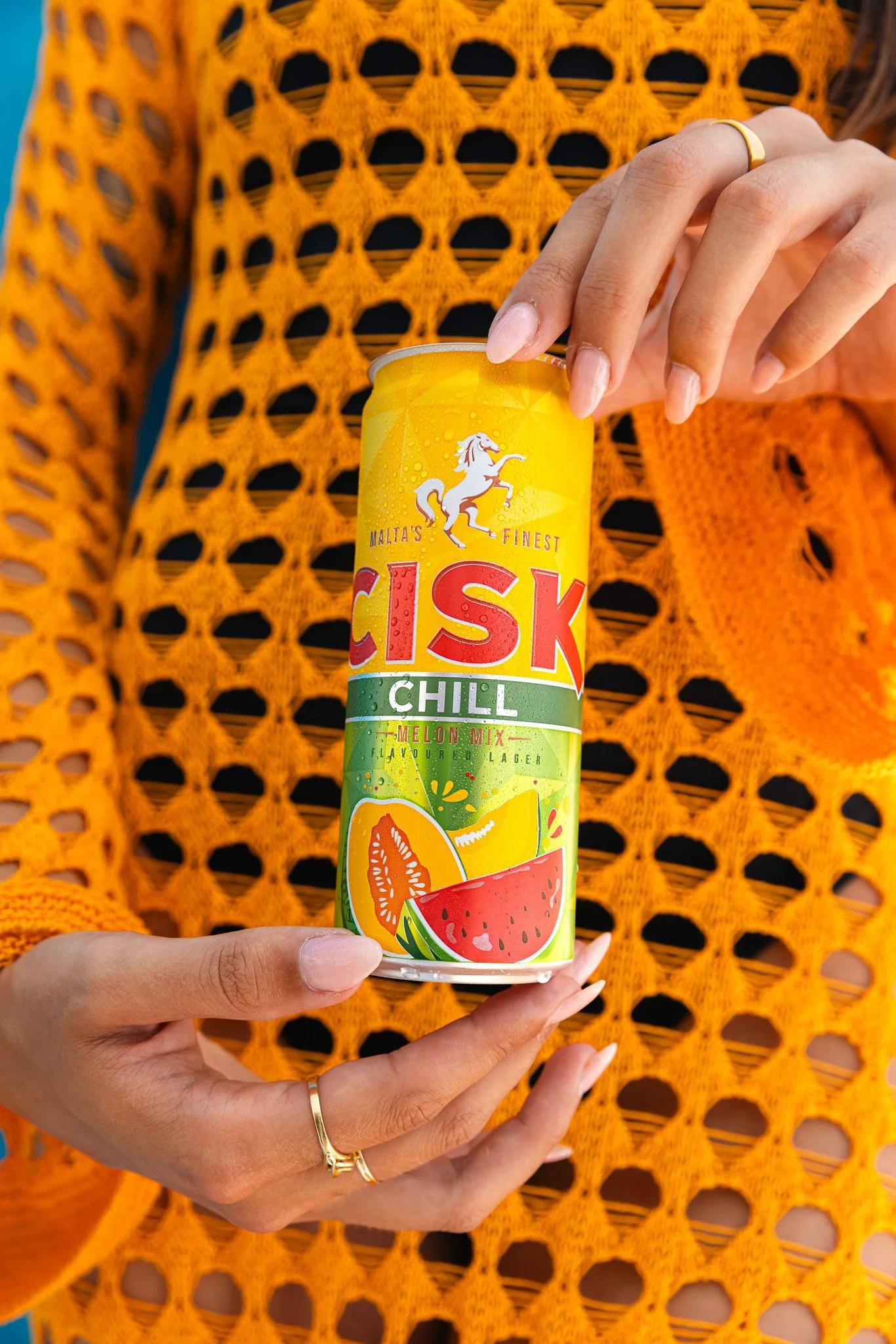 cisk chill melon beer can outdoors, product photoshoot, summer