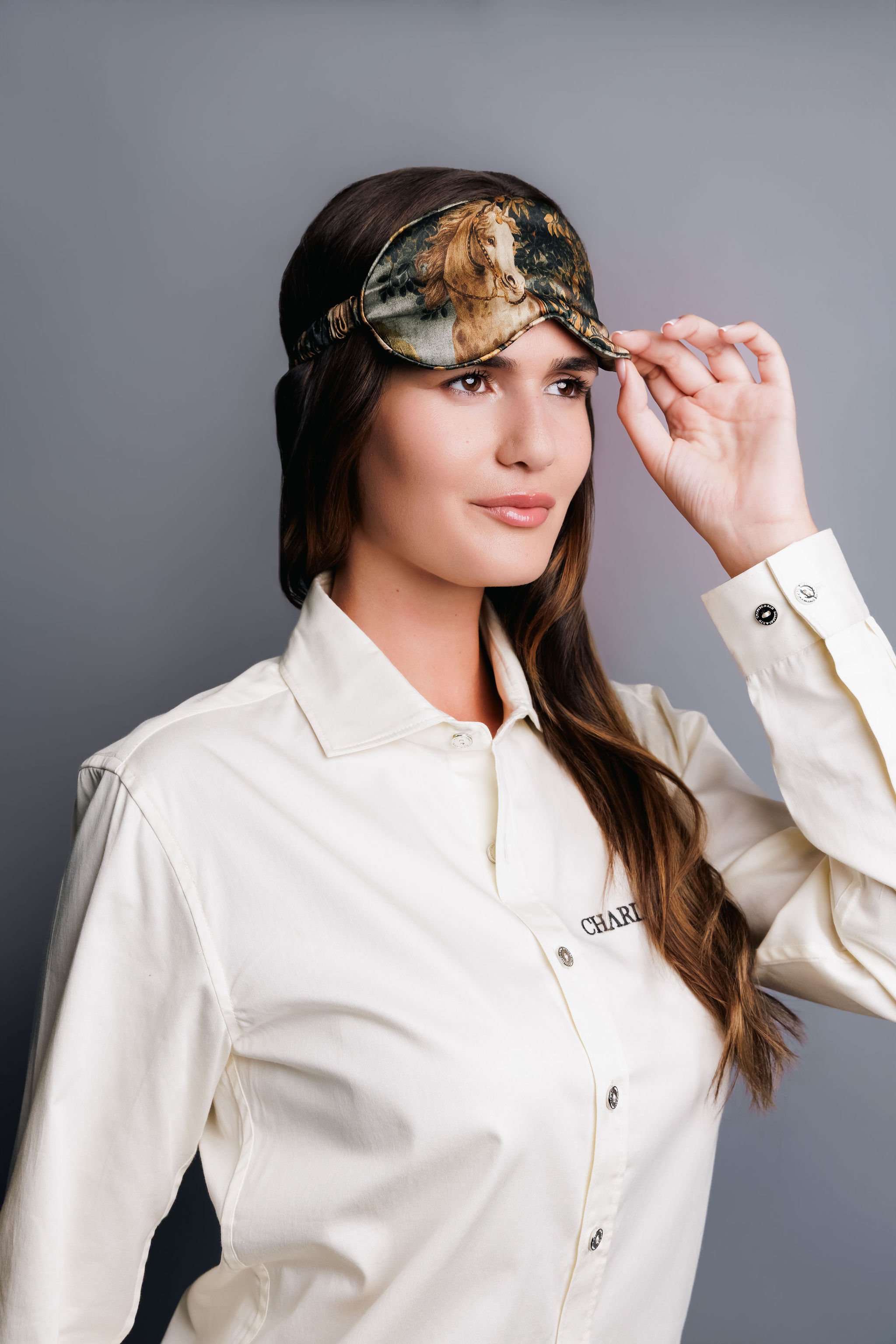 woman wearing a sleep mask by charles and ron heritage malta, photoshoot