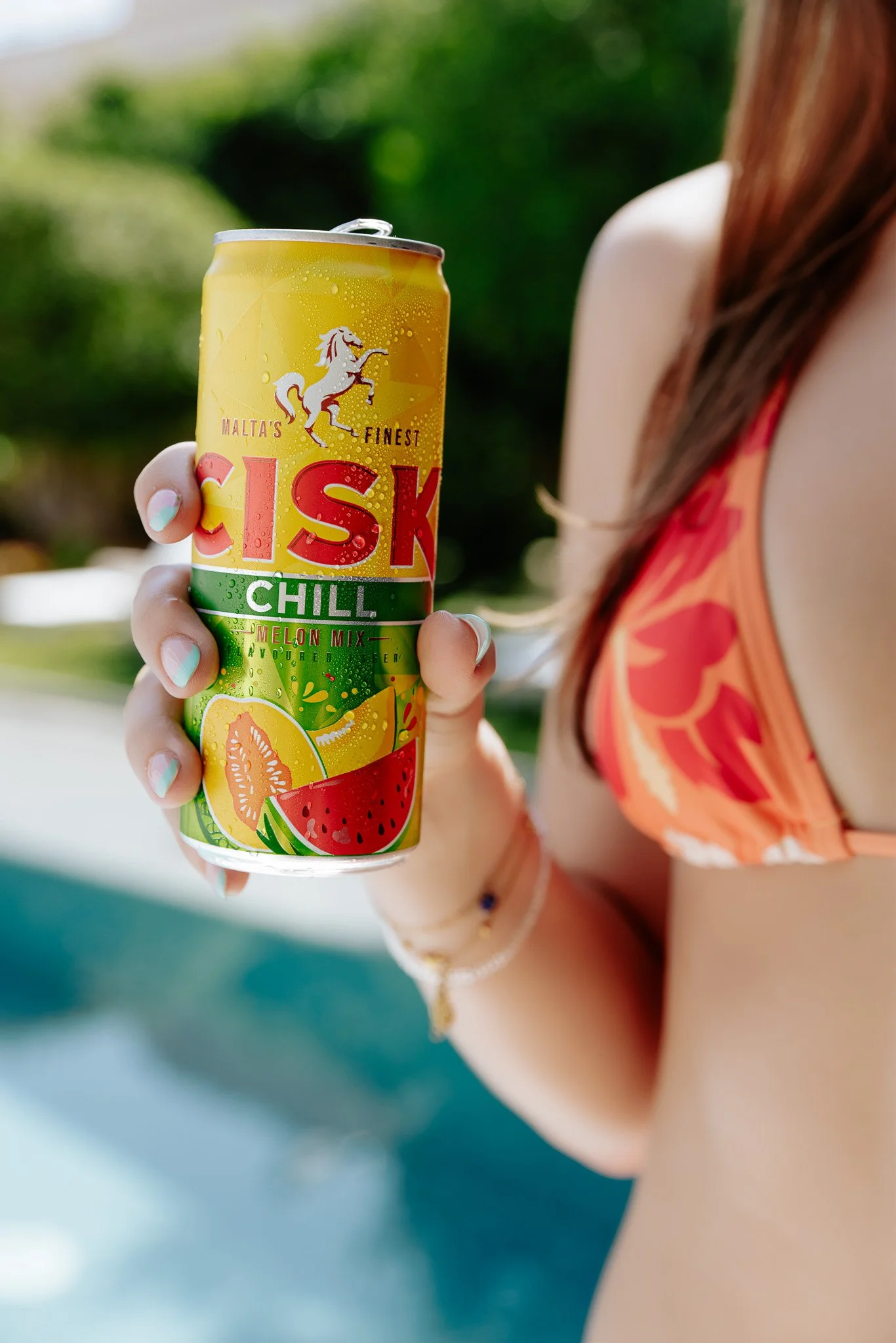 cisk chill melon beer can outdoors, product photoshoot, summer