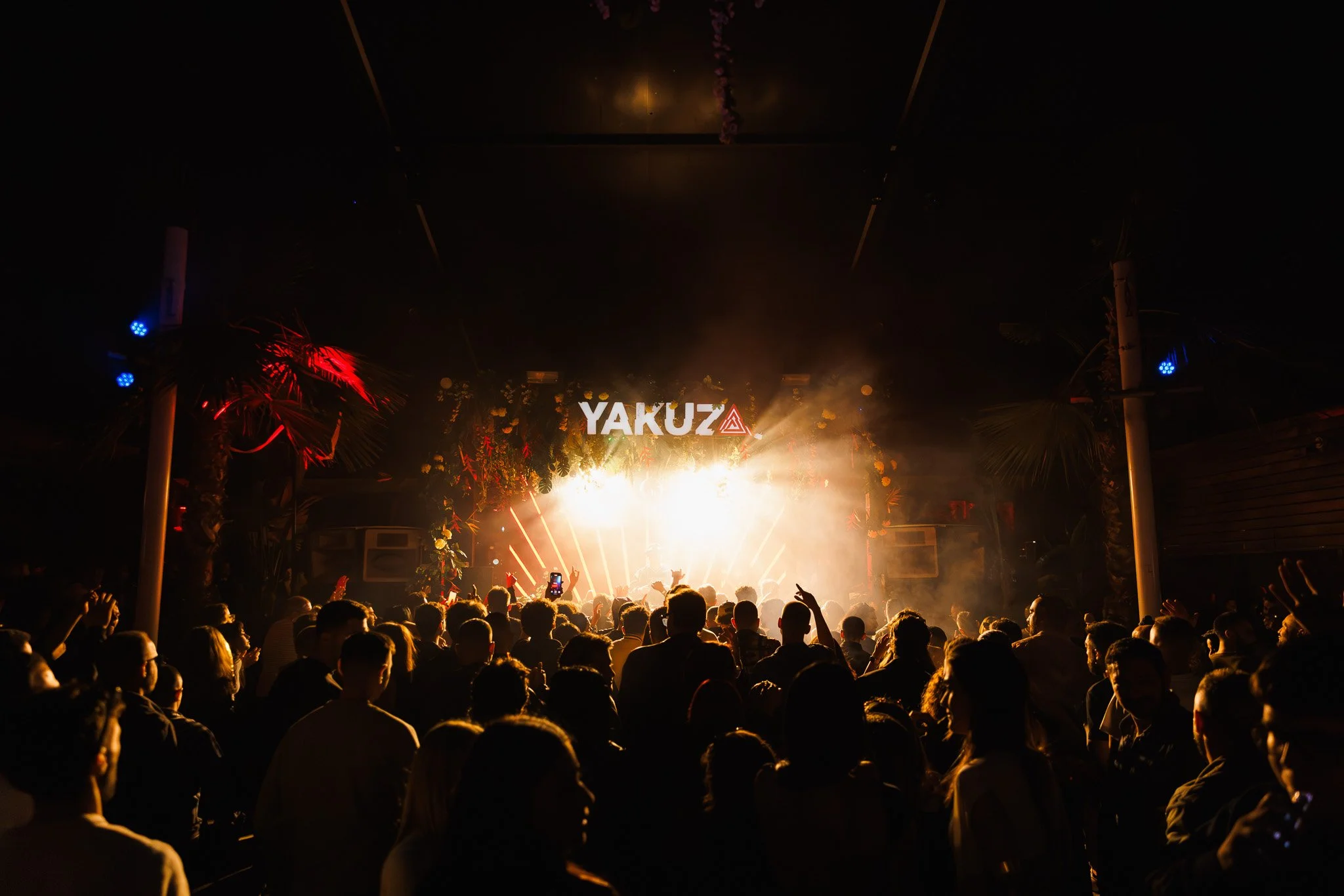 Crowd at a concert with a brightly lit stage, fireworks, and the illuminated sign 'YAKUZ' in the background.