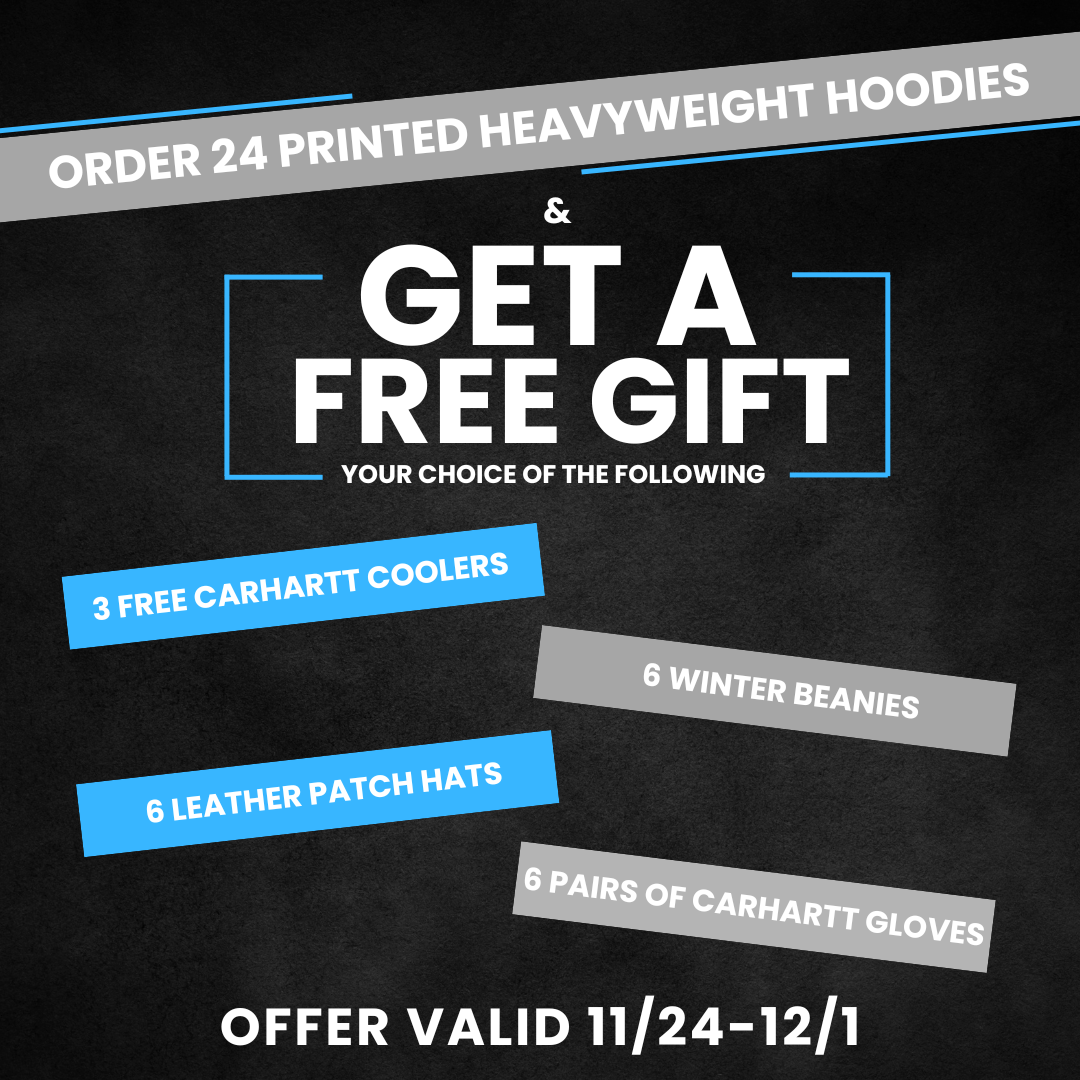 Advertisement offering a free gift with purchase, featuring options such as three free Carhartt coolers, six leather patch hats, six winter beanies, six pairs of Carhartt gloves, with valid dates from November 24 to December 1.