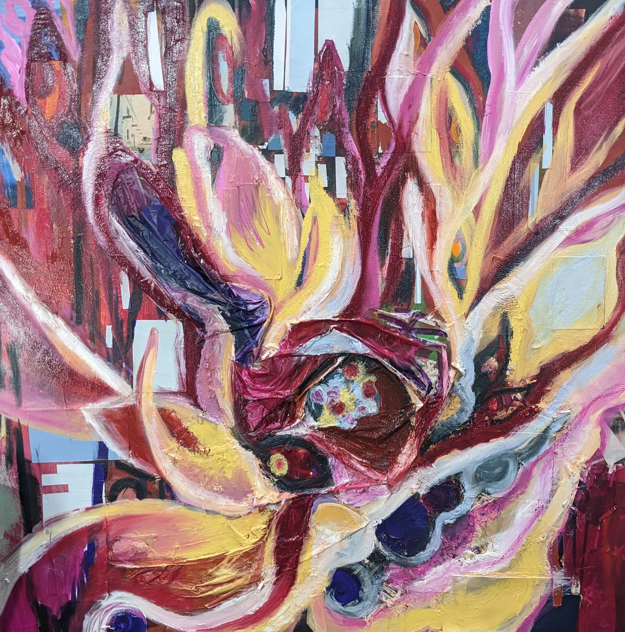 Eros, 40"x40" mixed media, acrylic, paper, plastic, oil stick, oil paint on canvas, Winter 2023