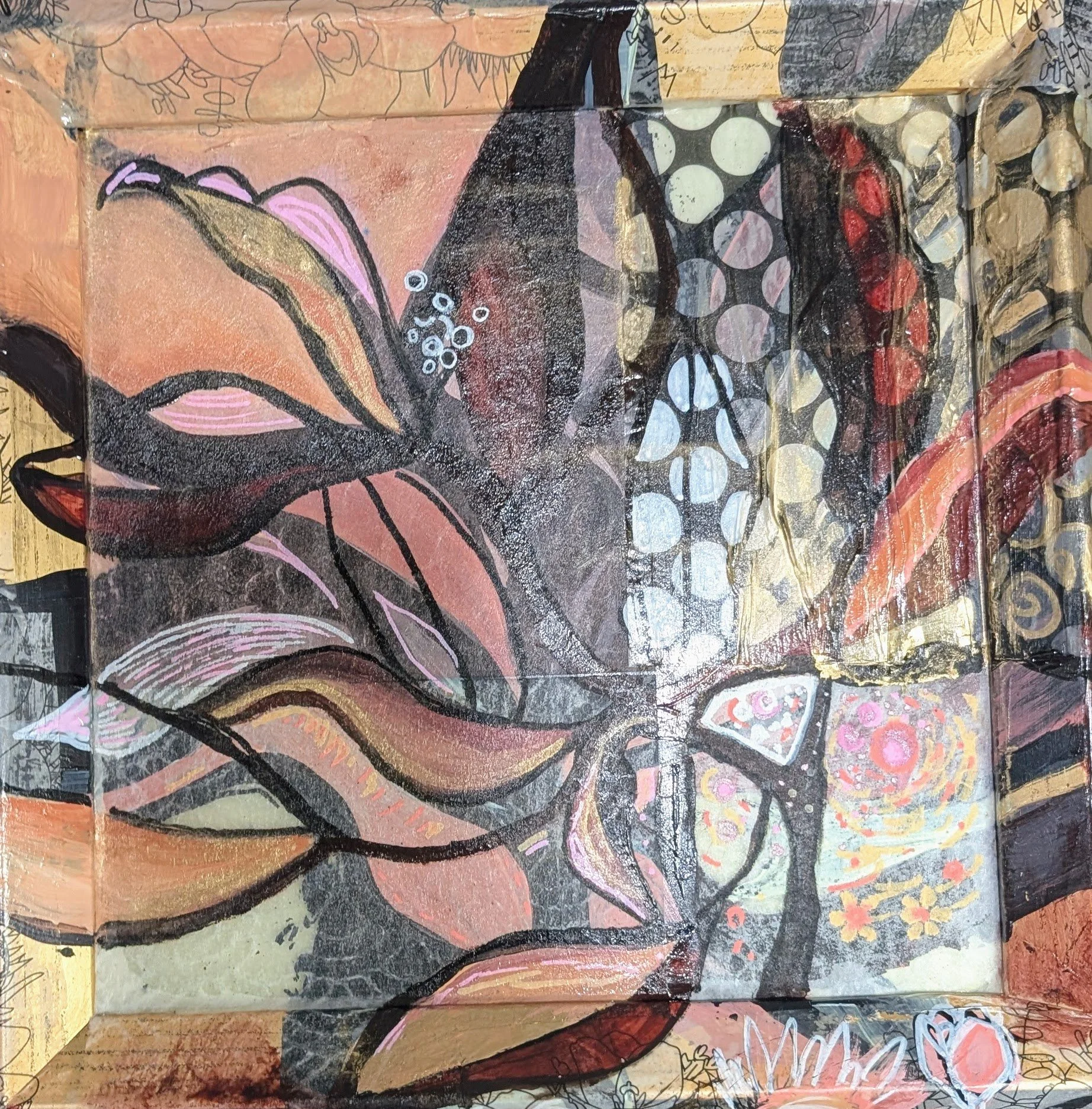 Fashionable floral; 13” ½”x13 ½” Acrylic, collage, posca pens, 2025, $365.00