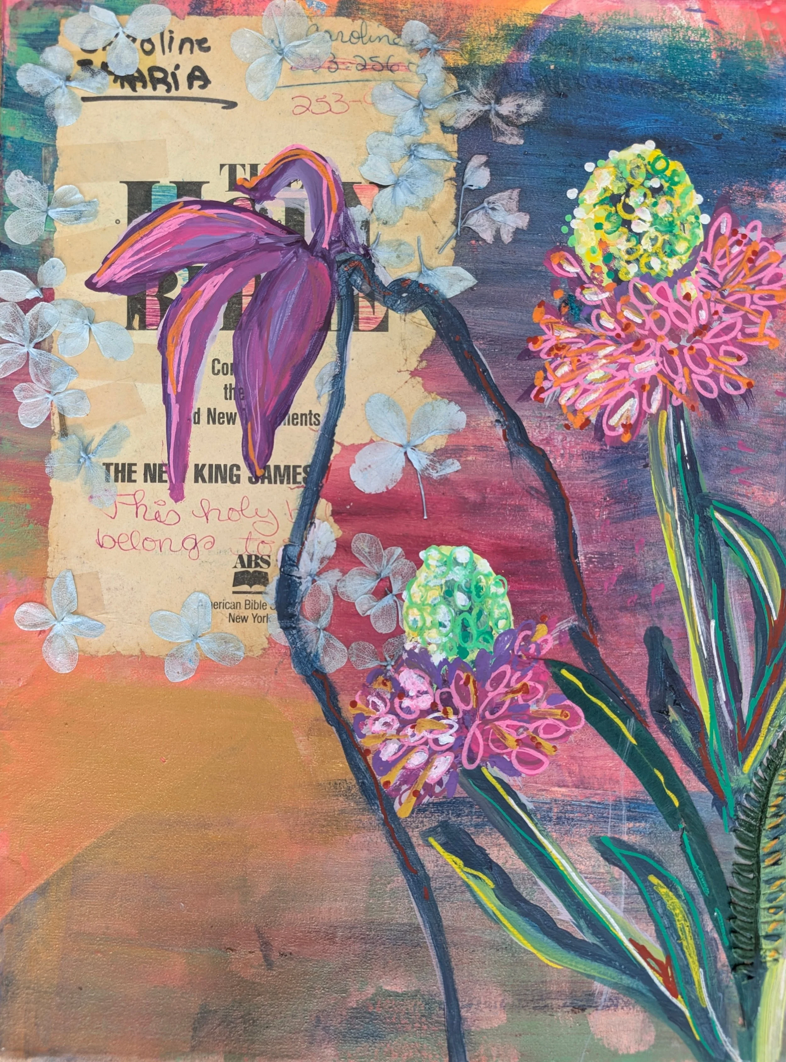 Journey to the Self/The building of an identity, 14”x11”, mixed media; acrylic, paper, dried flowers on canvas $300