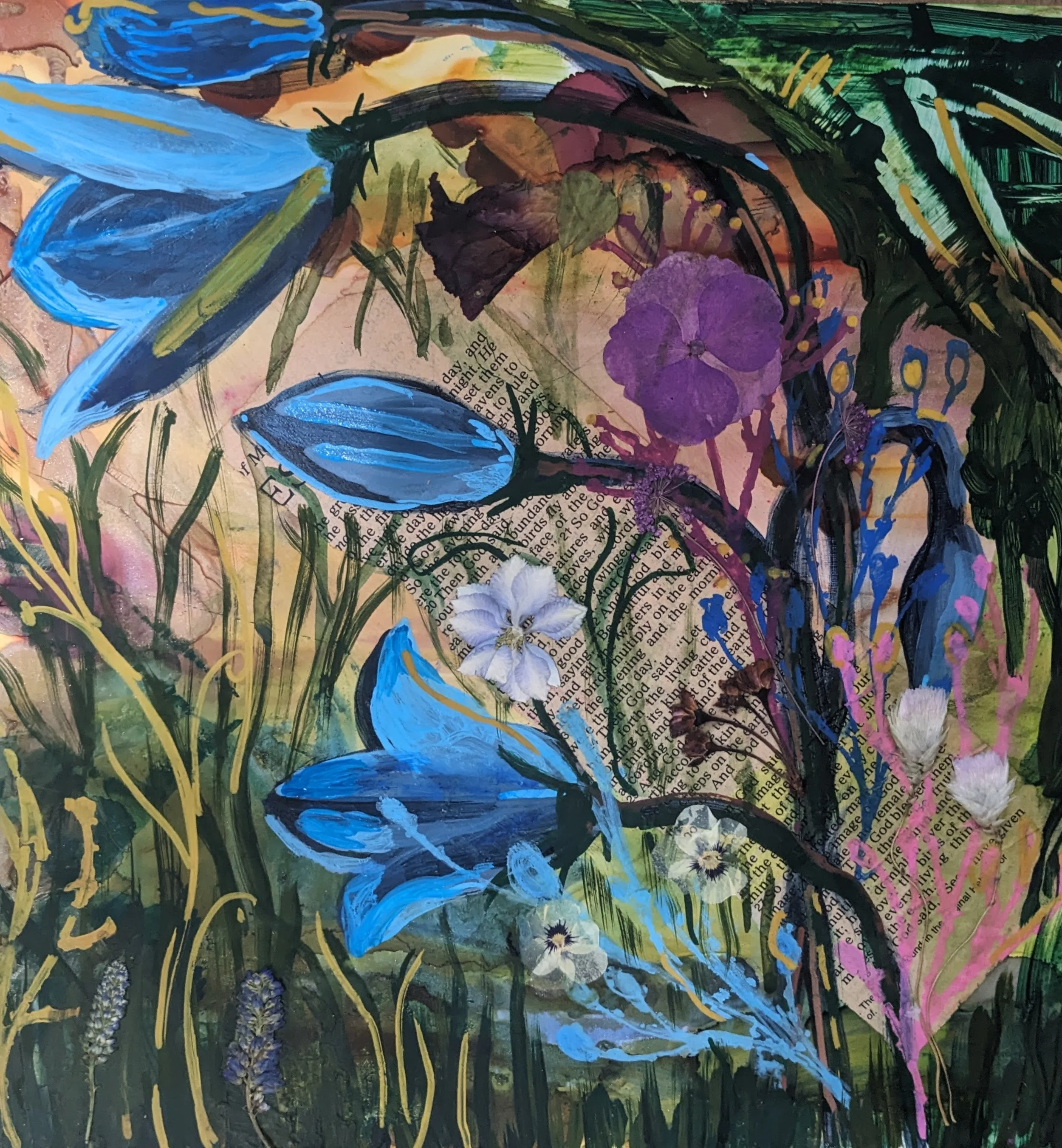 Depth/My place in the world; Mixed Media; collage, gouache, acrylic posca pens, dried flower, bible pages on panel, 10”x10”, 2023, $200