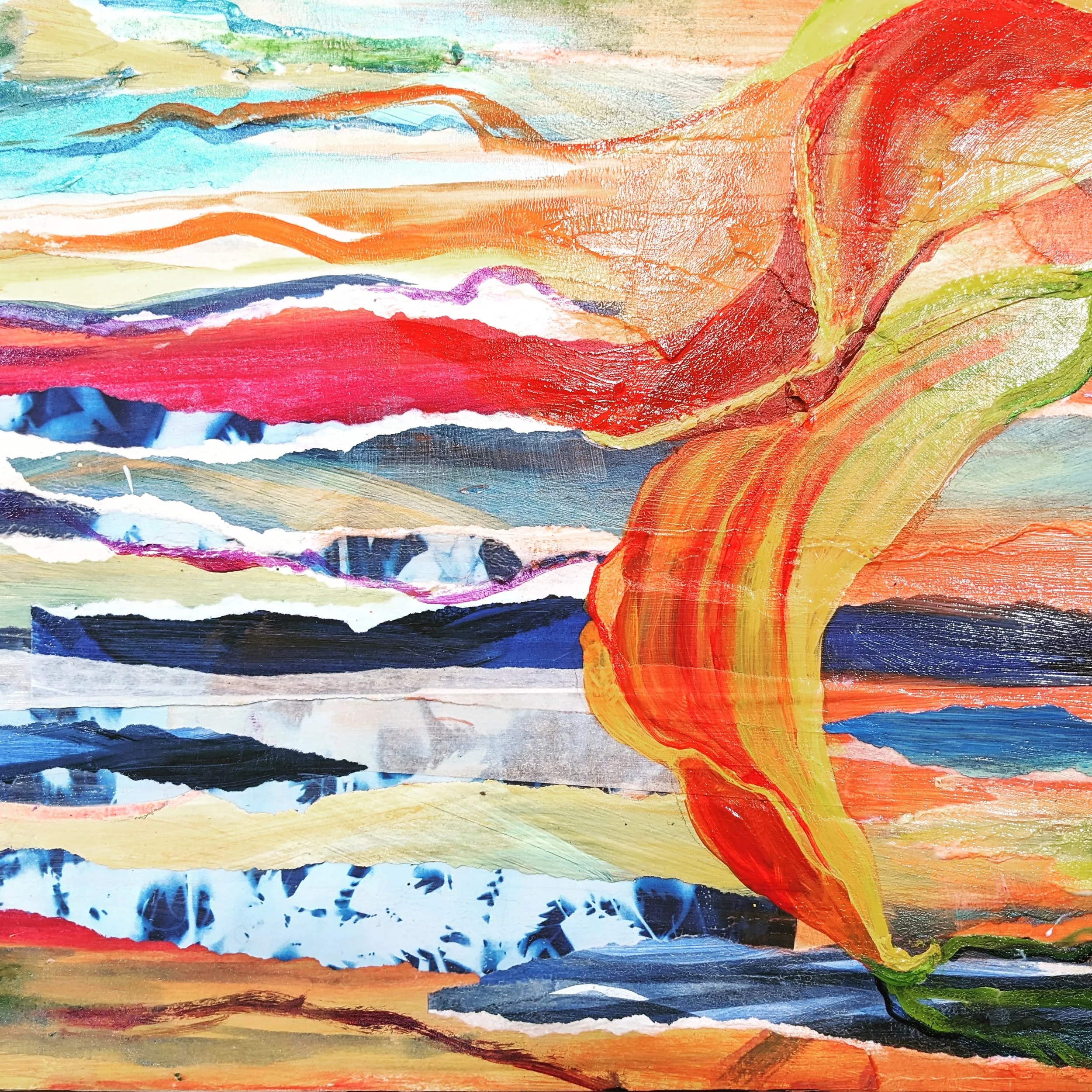 Here Comes the Sun, 16”x12”, Mixed Media Acrylic and paper on wood panel, Winter 2023, $300 (   It's an attempt to allow the light and brightness of the sunshine into the dark winter of the soul and that sun melts into the environment, and becomes on