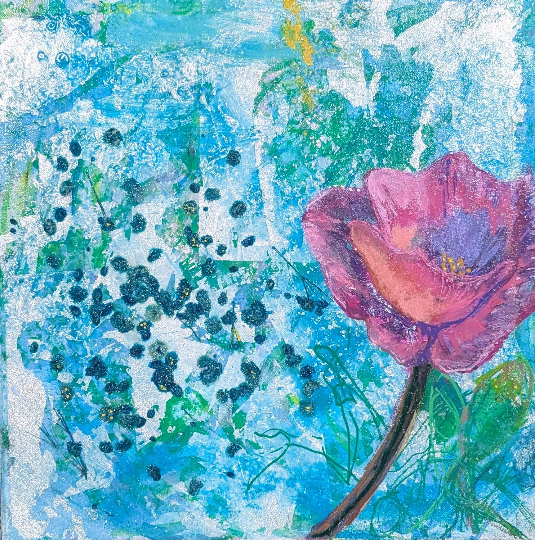 Poppy, 12”x12” Mixed media oil pastel and acrylic and dried flowers on silver leaf, $300 