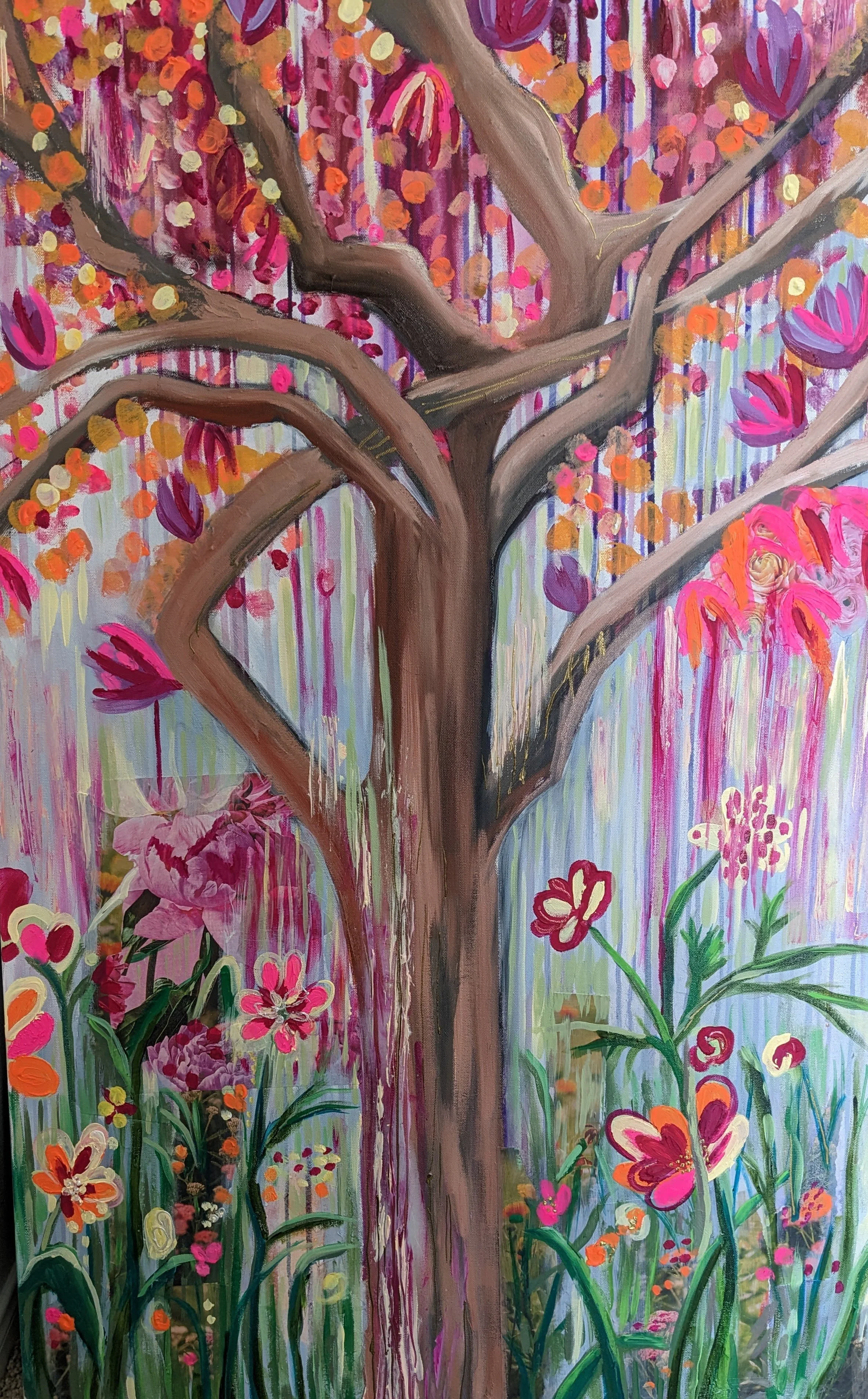Push Pull for Joy, 40”x30”, Mixed Media; Acrylic, paper collage, golden medias on canvas, Spring 2023.  This piece was created in the Spring of 2023, using the Texas Redbud tree as a source image from one of my walks.  I really enjoyed playing with t