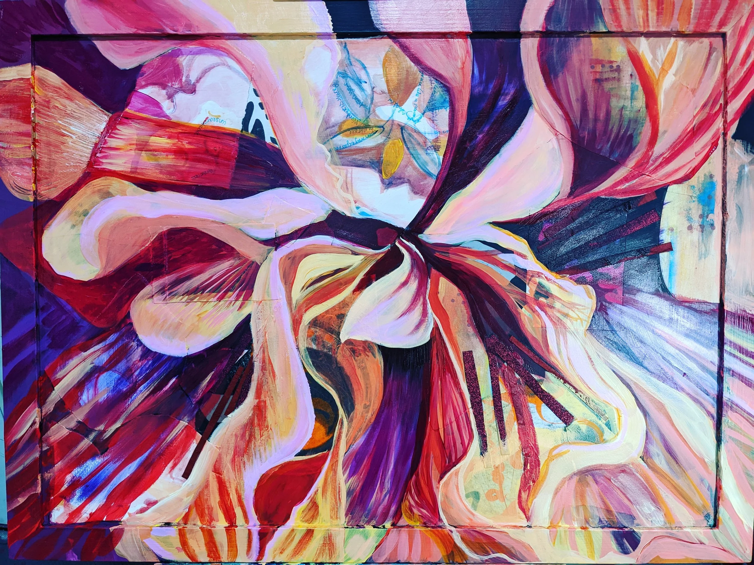 Deconstructed Wonder 24"x30" mixed media; watercolor, paper and acrylic on wood panel, Price $1200