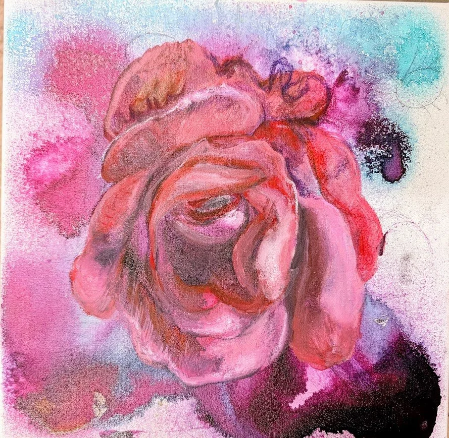 Pain, 12”x12”, Acrylic and Oil Paster, October 2023, $300; This is like a beautiful would sometimes there is beauty that comes out of suffering.