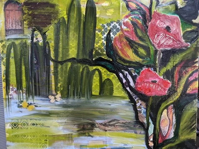 Journey Home, 30”x24”, Mixed media; collage, oil stick and oil paint on clay board; $1400.00, 2023; This piece is working to capture, the idea of Home or true citizenship.  The doorway in the top lefts is a portal to another place; it starts the jour