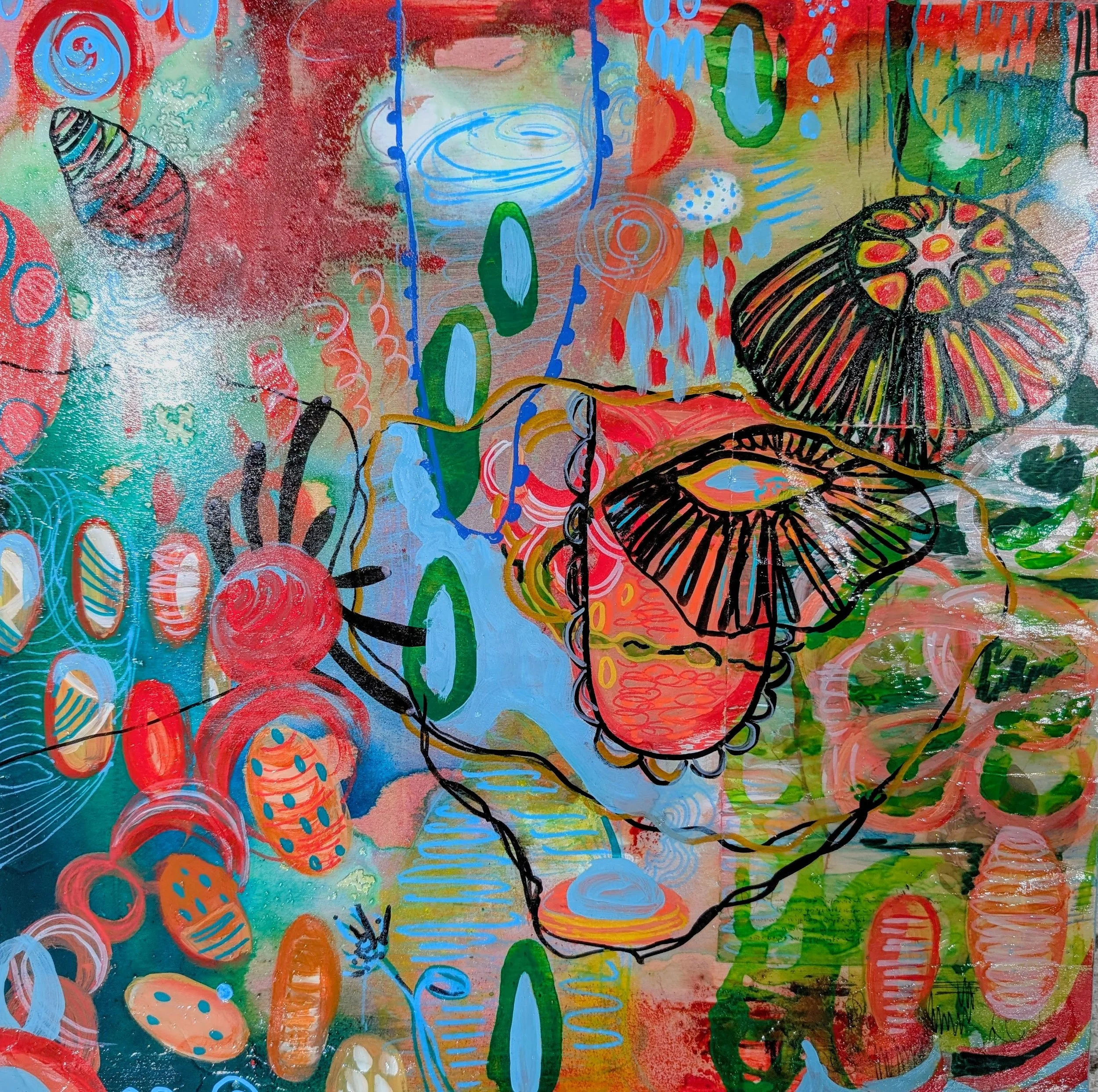 Alien Landscape; 12inx12in mixed media; acrylic ink, high flow acrylic, water color, paper and posca pens on panel, Summer 2024, $300