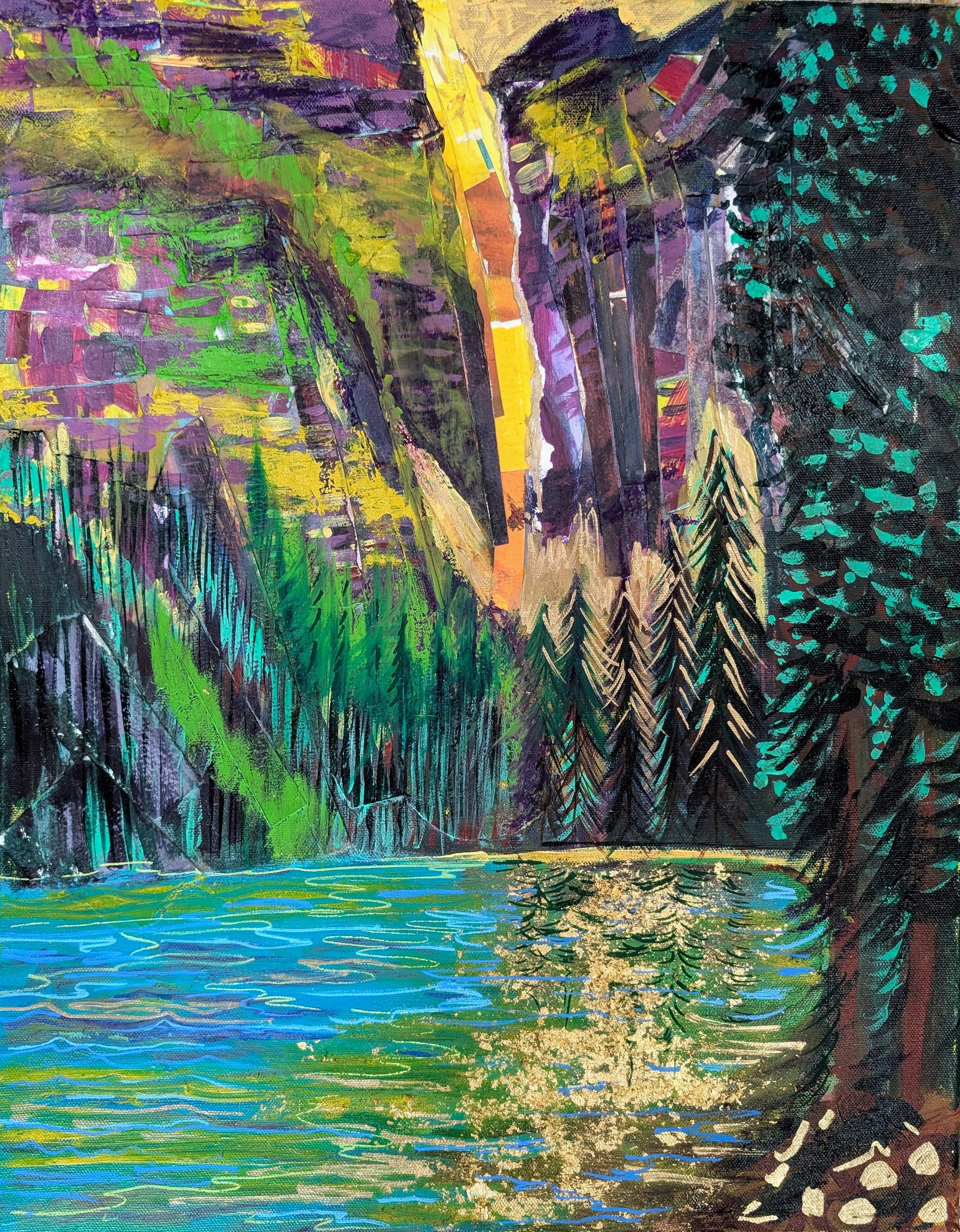 The Pacific Northwest Trip; 20inx16in, mixed media acrylic, paper, oil stick on canvas; $650