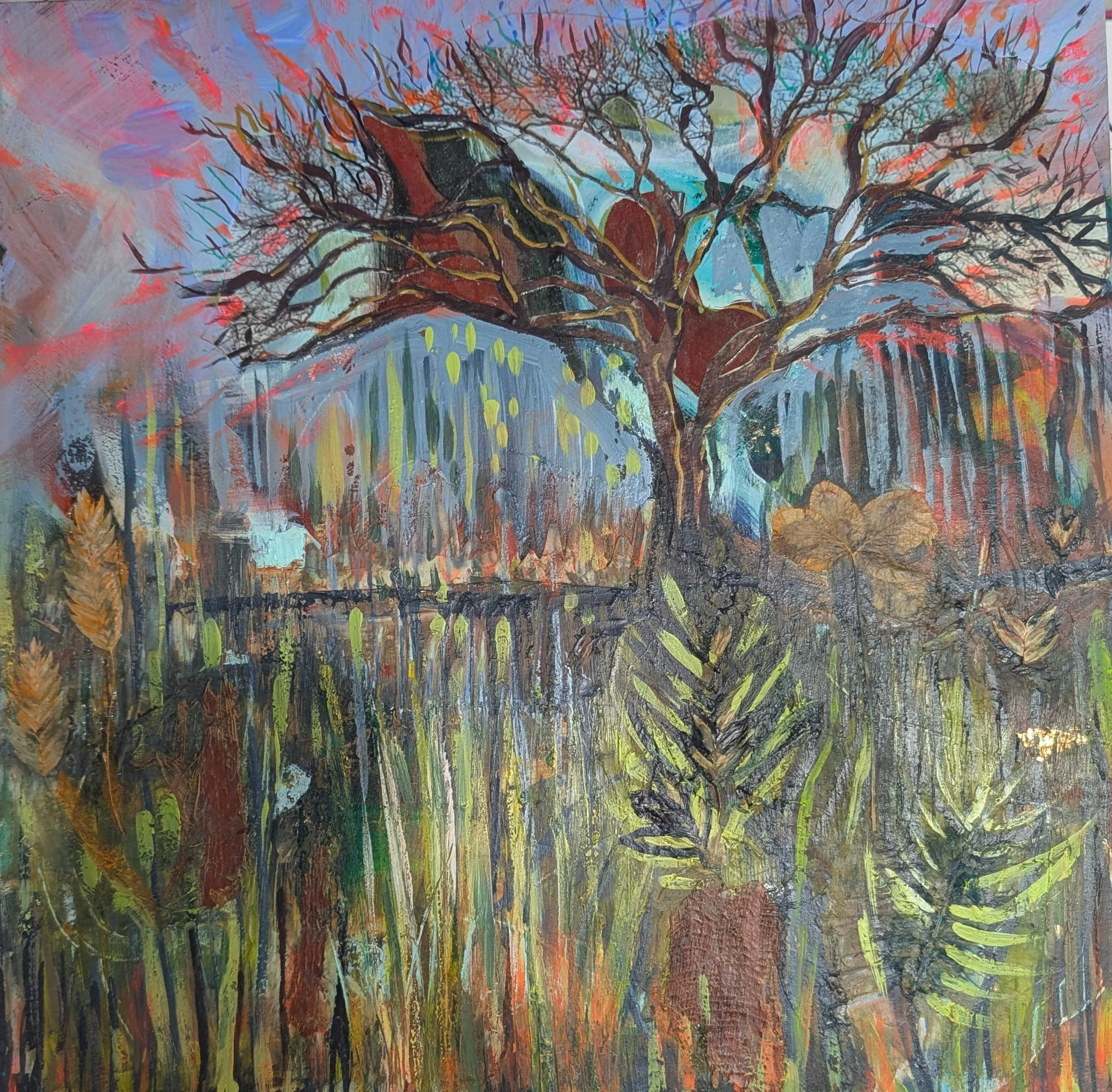 The burning bush; 12”x12”, Mixed media; oil, collage, dried leaves, dried flowers, acrylic,coldwax