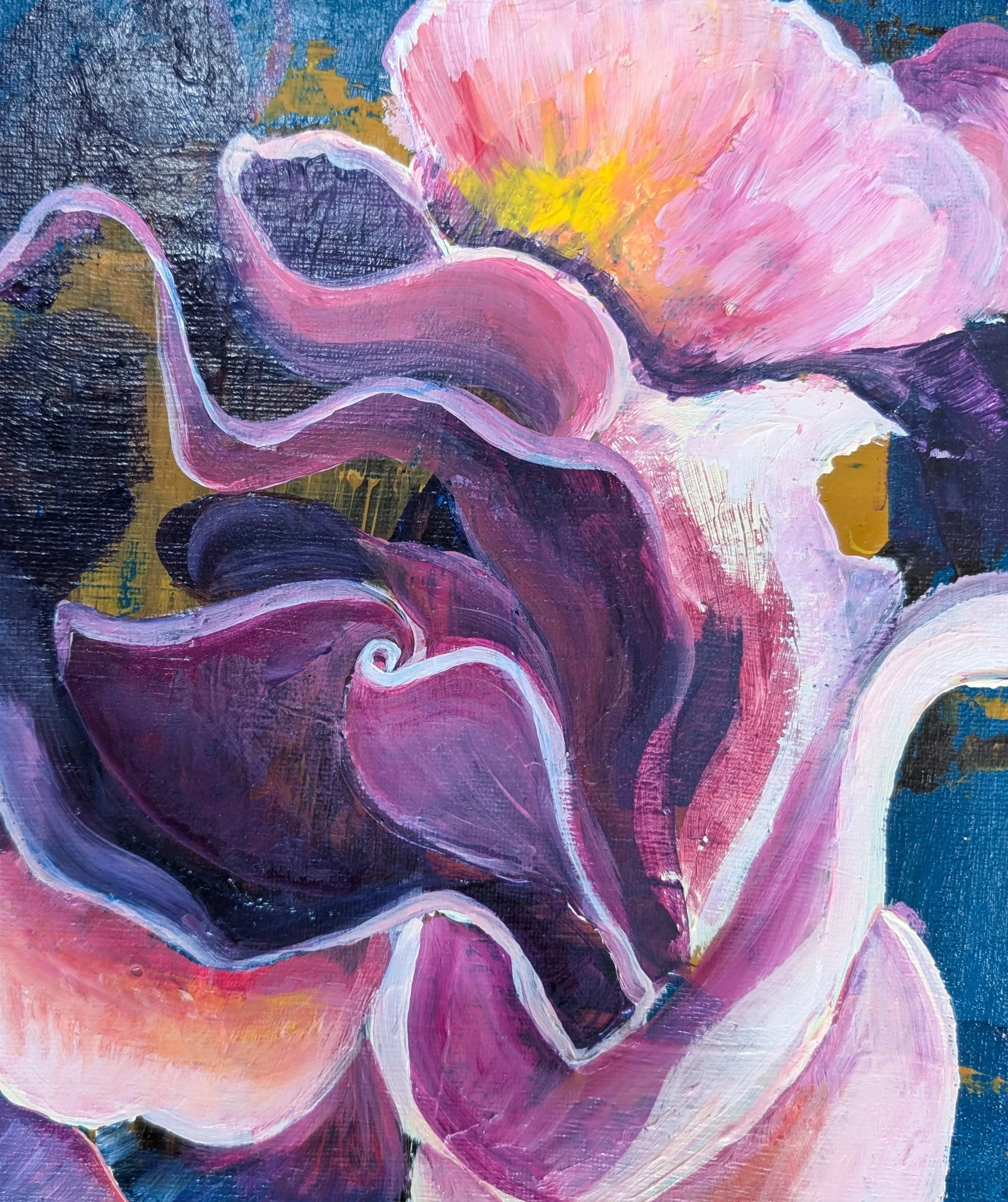 A World of a flower I; 10”x8” acrylic on canvas board, spring 2025, $160.00