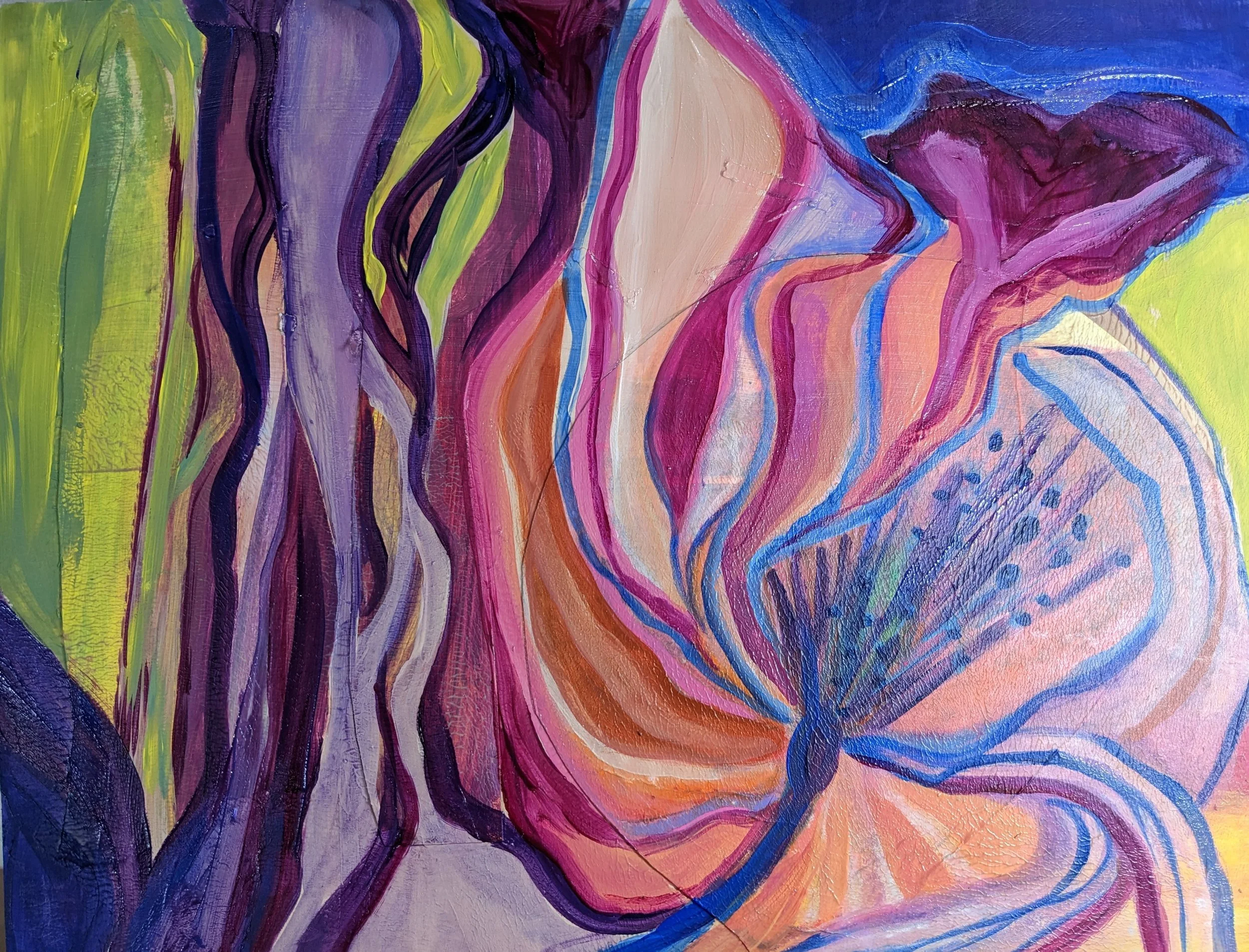 Heart unfolding, 11"x14" mixed media, acrylic, paper, derwent inktense on wood panel. Winter 2023