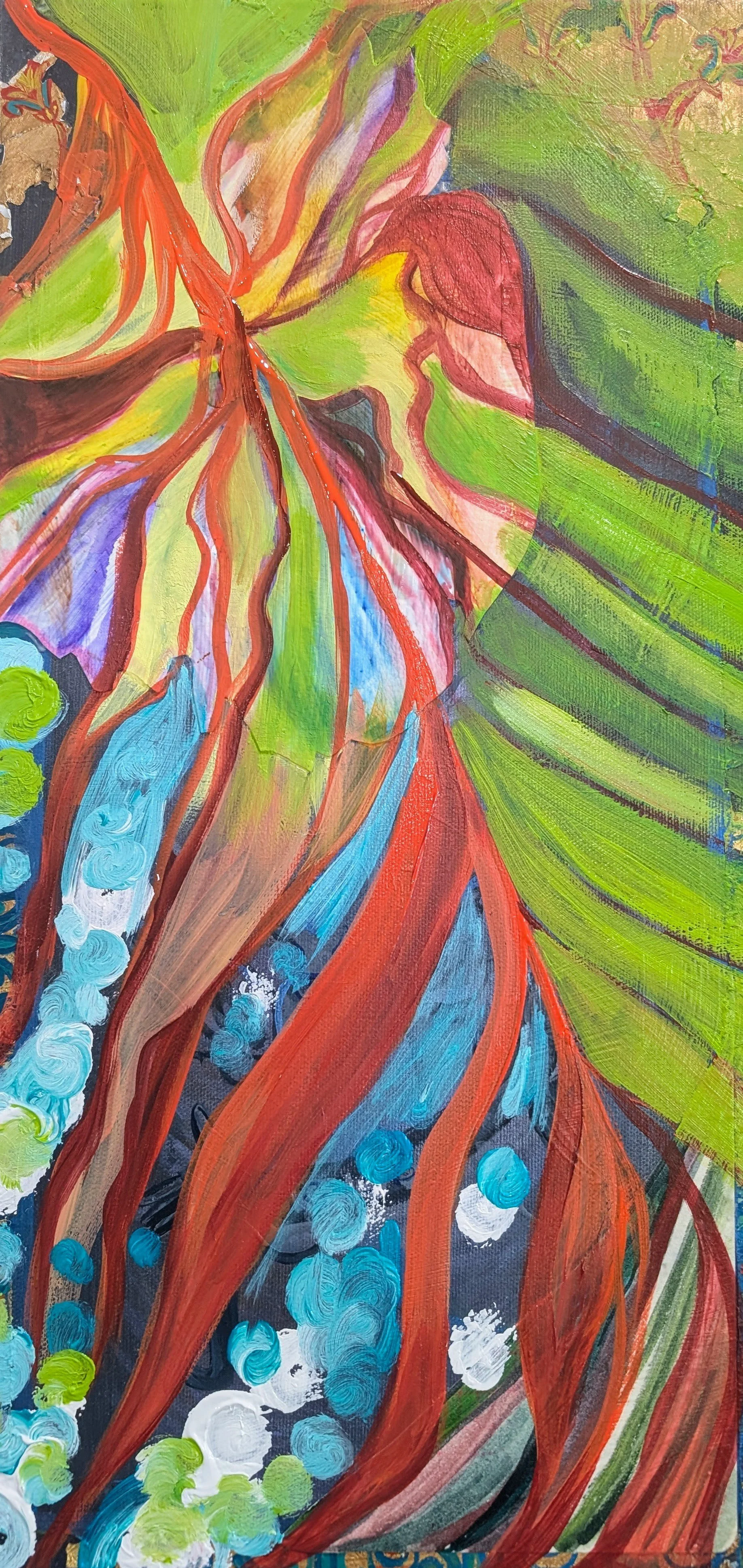 Change is difficult but necessary; 20”x10”, Mixed media acrylic, watercolor paper, and gold paper on canvas. 2025; $400