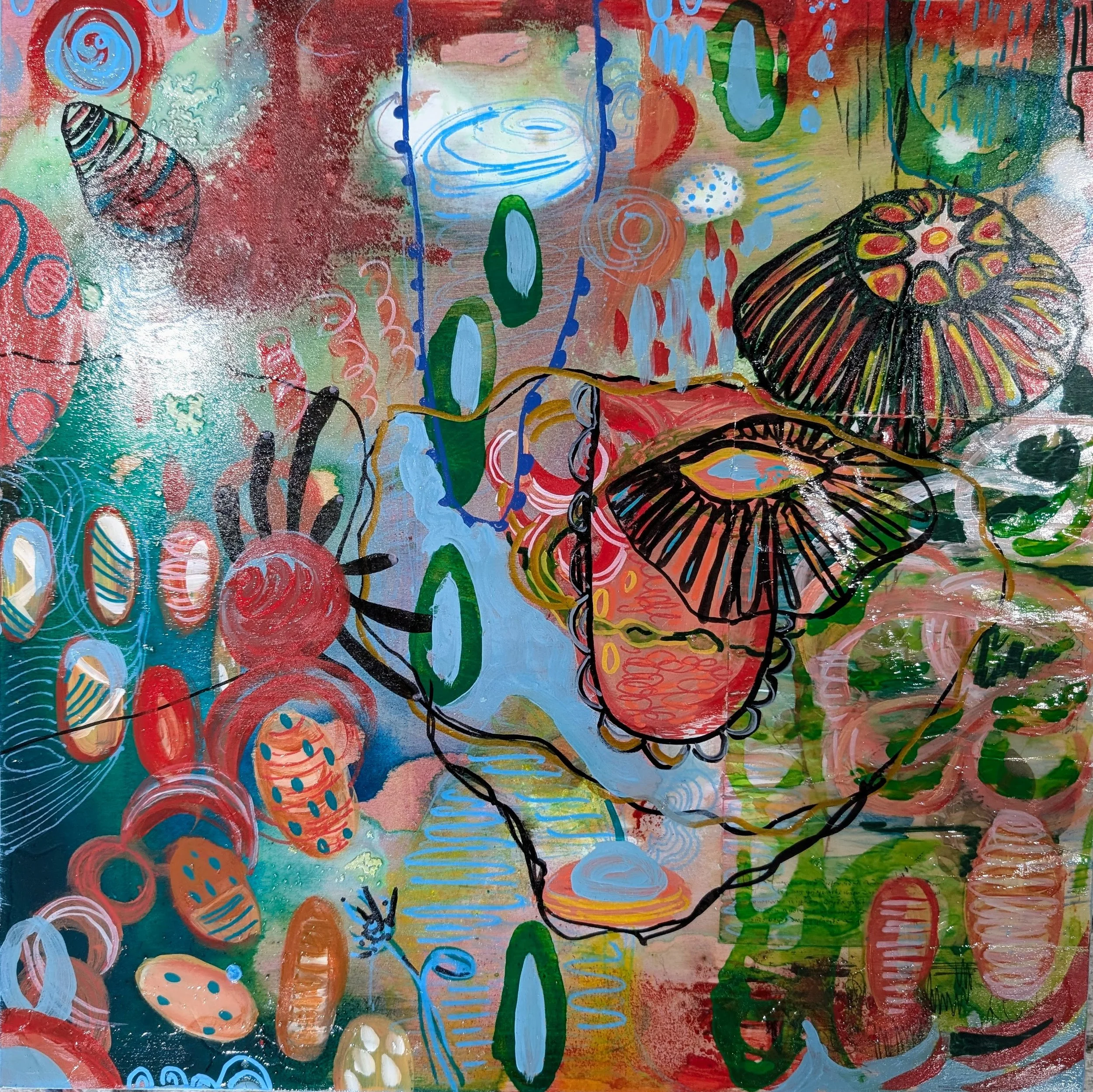 Alien Landscape; 12inx12in mixed media; acrylic ink, high flow acrylic, water color, paper and posca pens on panel, Summer 2024, $300