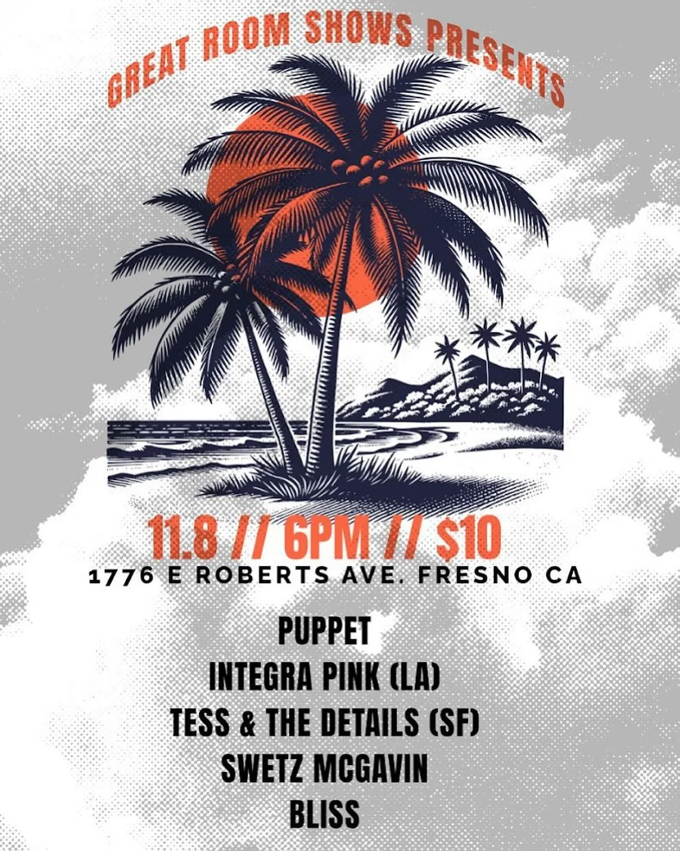 Hey Fresno!!!
Got plans this Friday? We were hoping that maybe if you&rsquo;re free&hellip;. We could meet.

We have @thepuppetband @integrapink @swetzmcgavin @__blisstheband @tessandthedetails

6 PM, great rooms, 1776 E ROBERTS AVE. FRESNO

Whatch&r