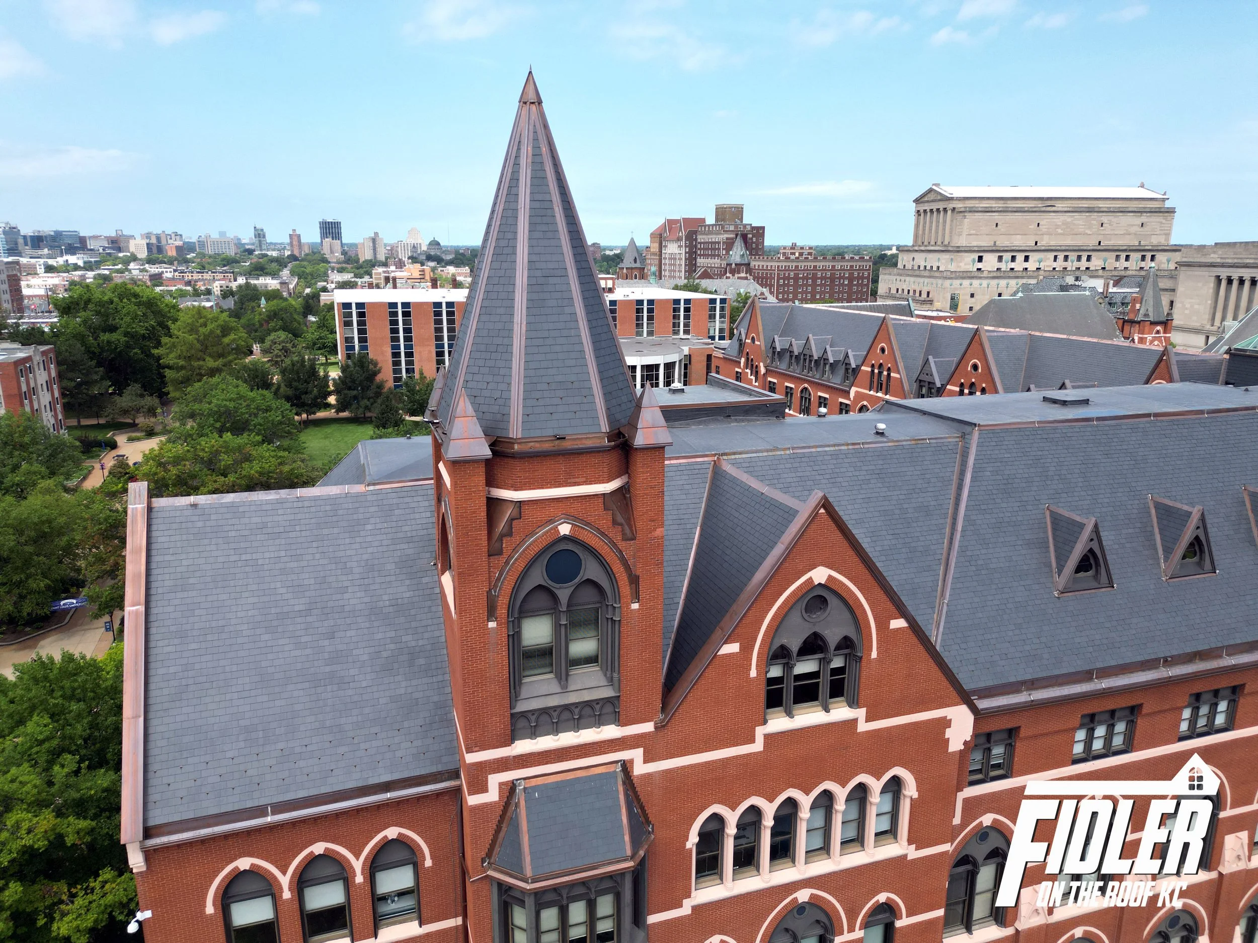 Fidler on the Roof KC refurbished a century old slate tile roof at St. Louis University.
