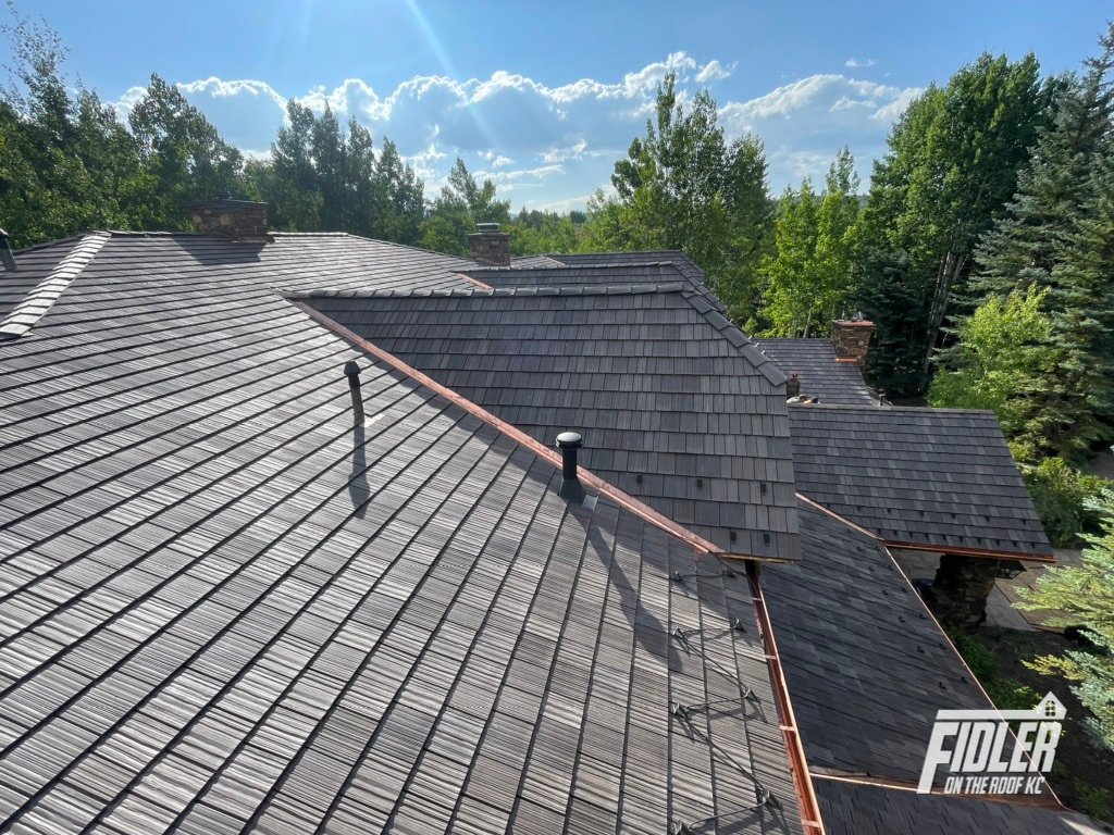 Synthetic wood shake shingles installed by Fidler on the Roof KC, Kansas City