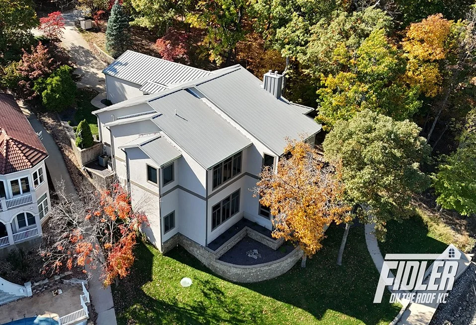 Standing-seam metal roofing, installed by Fidler on the Roof KC Roofing Co.