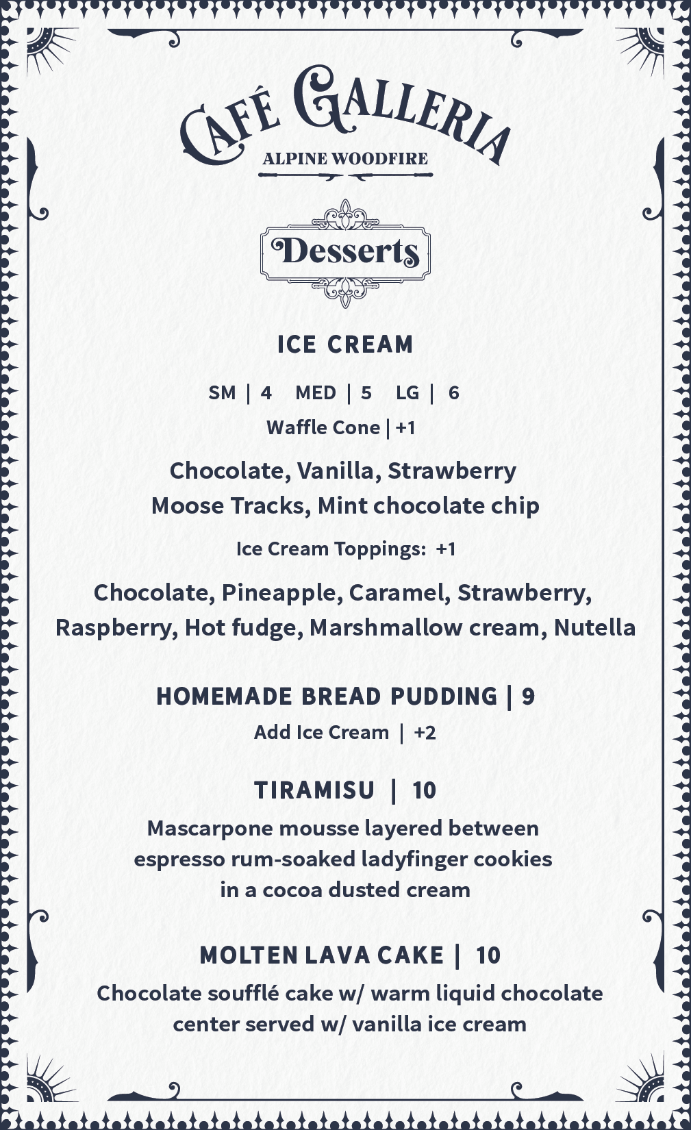 Menus — Café Galleria, Midway, Utah