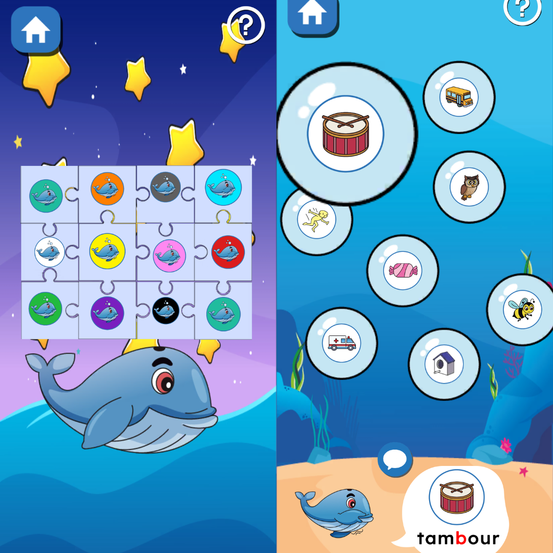 Exercice de prononciation dans une application pour enfants avec mots illustrés et travail des sons du français