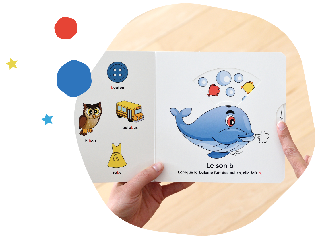 Page de livre pour enfants montrant une baleine avec des bulles, et un poisson rouge et un poisson jaune. Au verso, illustrations de boutons, bus, robe et hibou.