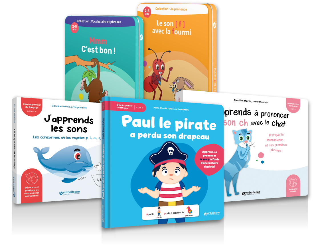 Collection de livres pour enfants avec des thèmes comme les sons, la prononciation, et le vocabulaire, avec des images colorées et des personnages animaux