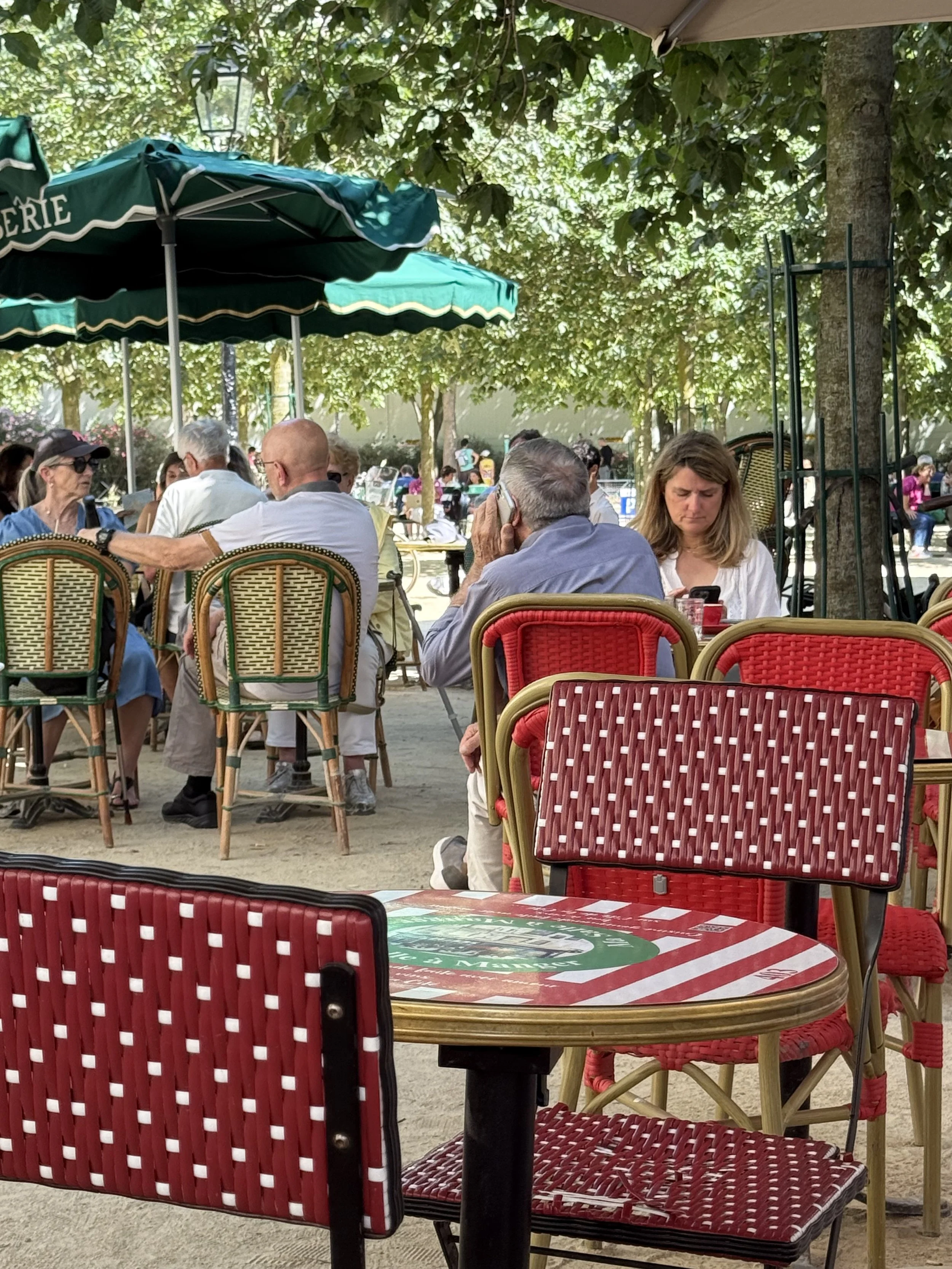 mensen genieten op het terras bij Place Dauphine in Parijs van een zonnige dag