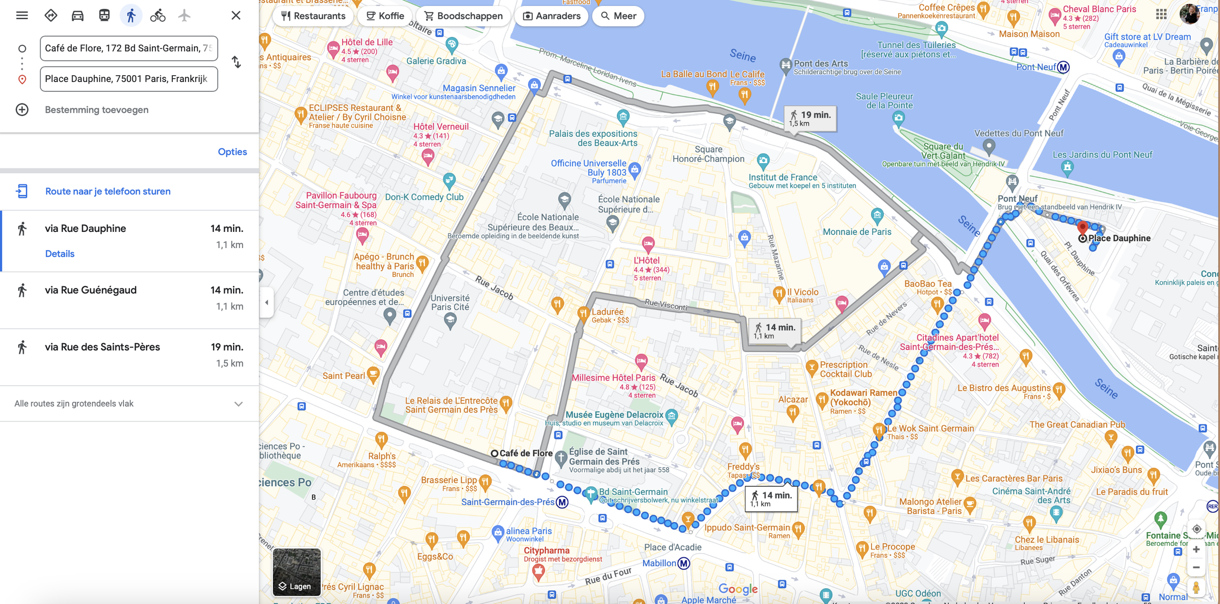 Café de Flore naar Place Dauphine via Rue Dauphine