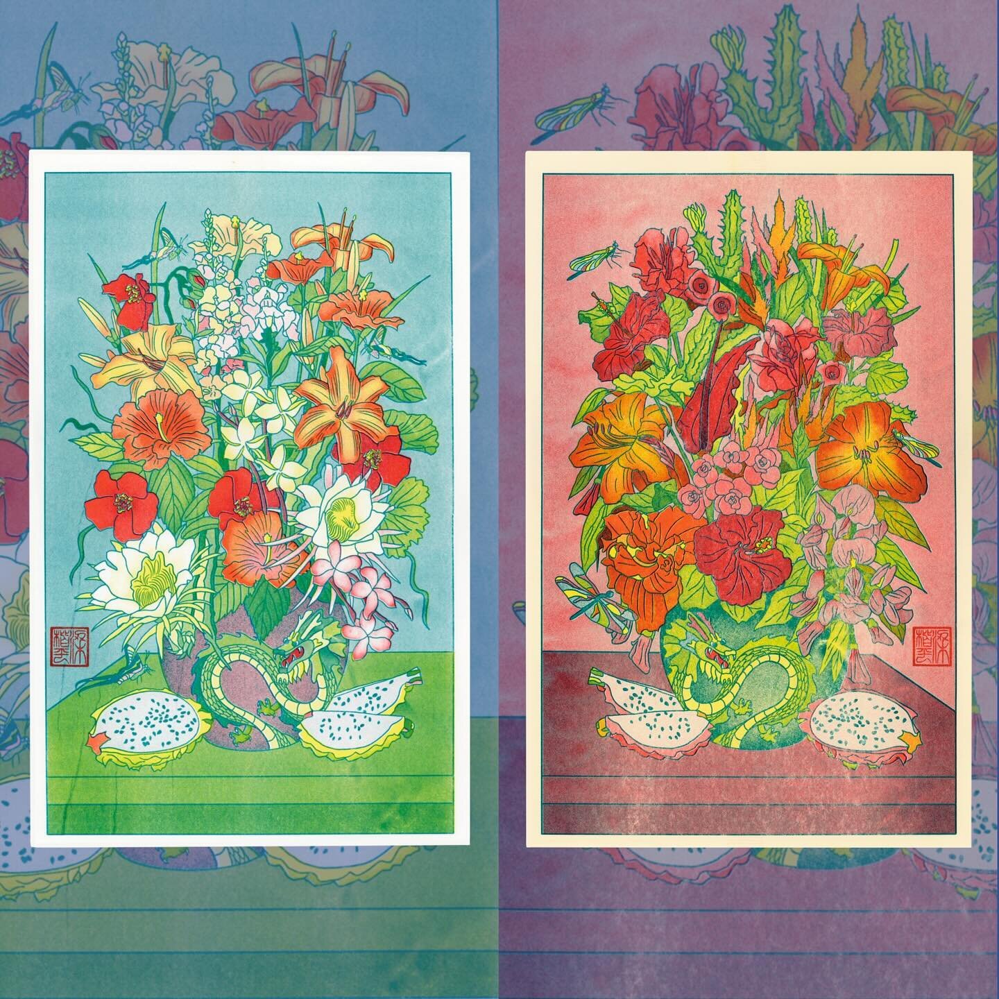 My two risograph pieces for the Lucky Dragon group show at @helvella.art opening this Saturday! This vanitas diptych depicts things in nature with the word &ldquo;dragon&rdquo; in them and how this mythical creature is all around us. Snapdragons, red