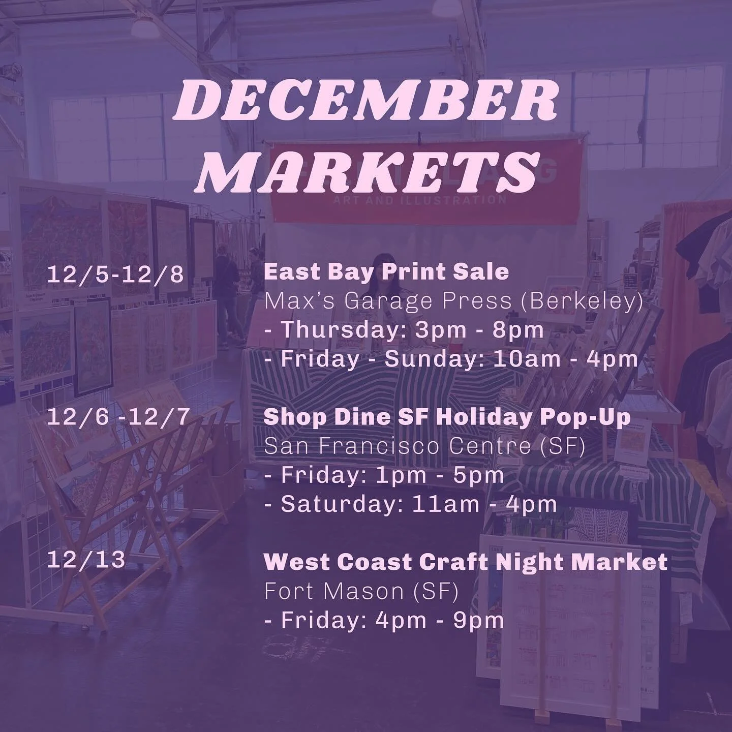 My December holiday market schedule is here! Find my risographs and a ton of other amazing pieces at @tinysplendor at their magical print sale. Otherwise, come by @shopdinesf and @westcoastcraft for my 2-for deals and framed prints :) 

Thank you for